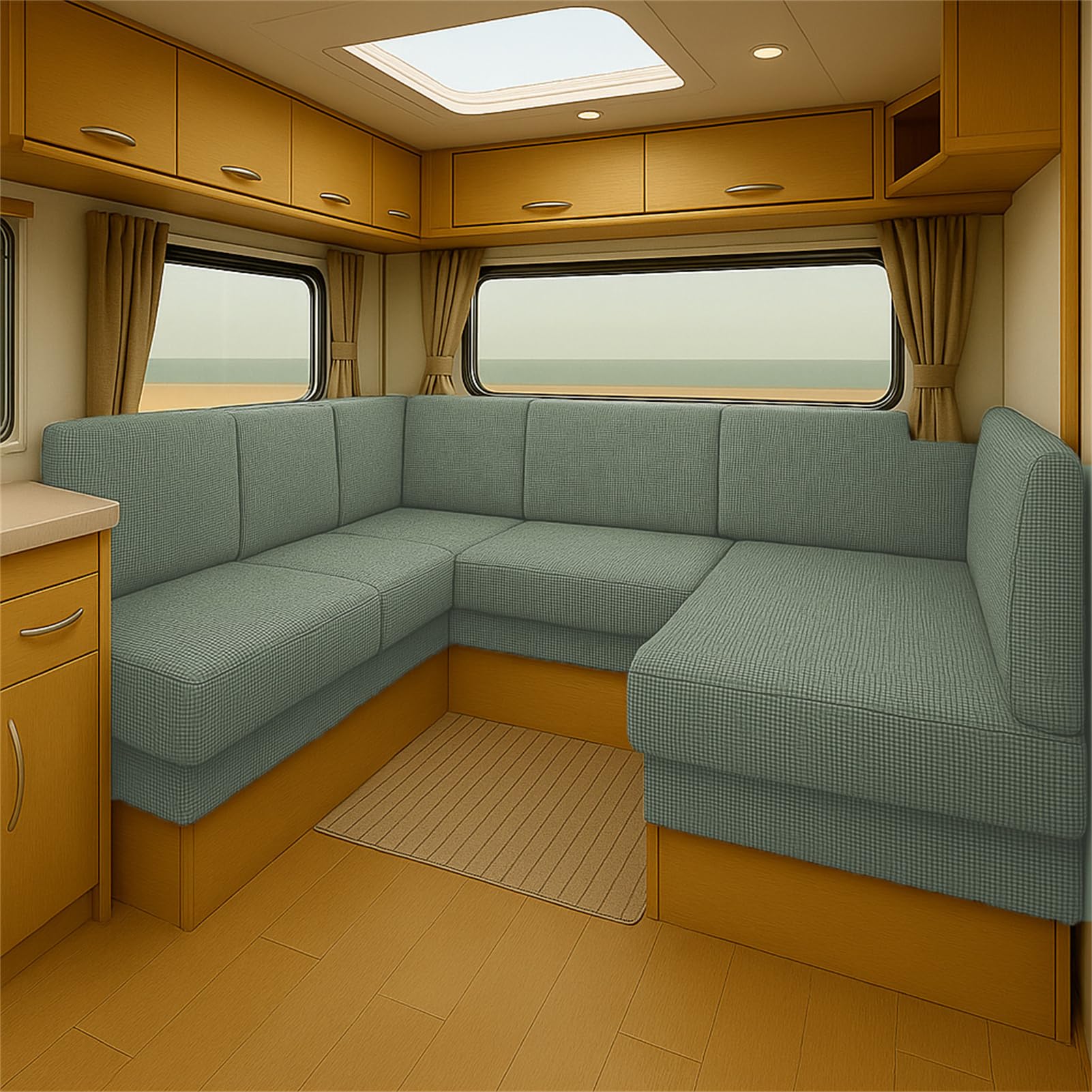 Elastic Caravan Seat Cushion Cover for RV Bench Camper Sofa Jacquard Slipcover with Straps Washable Non-Slip Pads Dinette Pads Protector Campervan Chair Seating (Grass Green,W50-65 * L 125-155cm)
