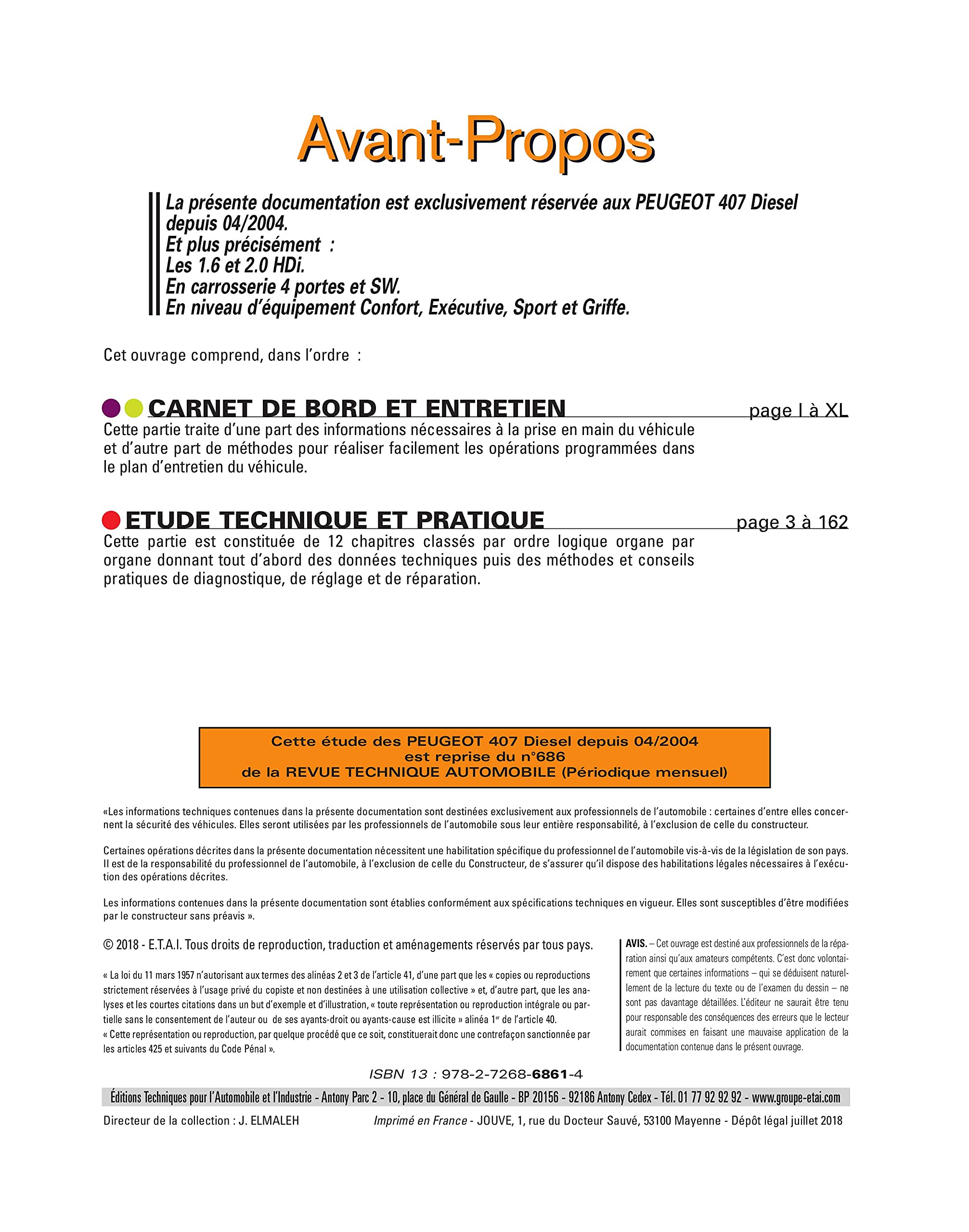 E.T.A.I - Revue Technique Automobile 686 - PEUGEOT 407 - 2005 à 2011