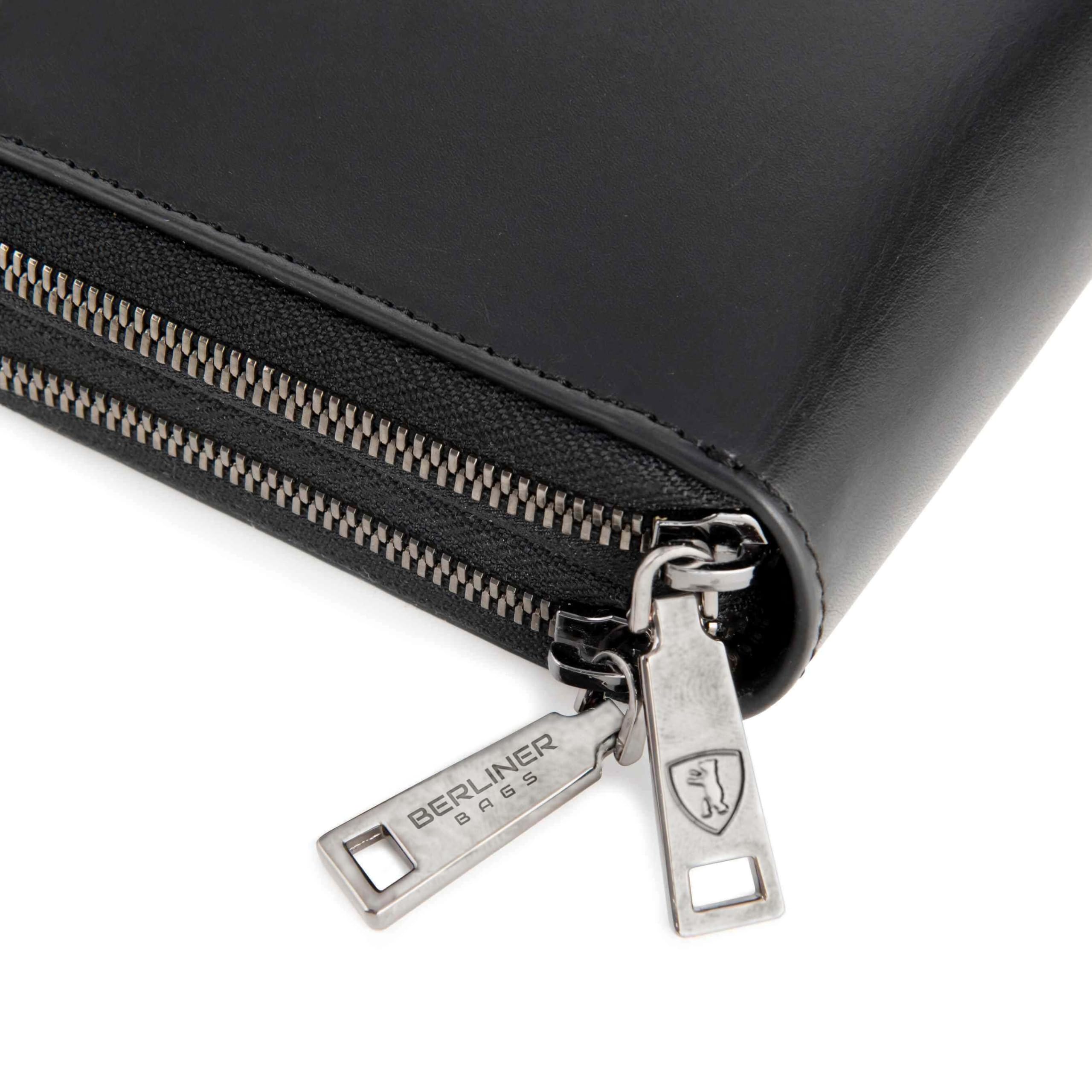 Berliner Bags Dallas Cartera XL Organizador de Viaje de Cuero Hombre RFID | Negro Billetera De Piel Auténtica 26 Tarjetas Monedero Con Cremallera Correa Muñeca Bucle Bolígrafo Protección Nfc Elegante