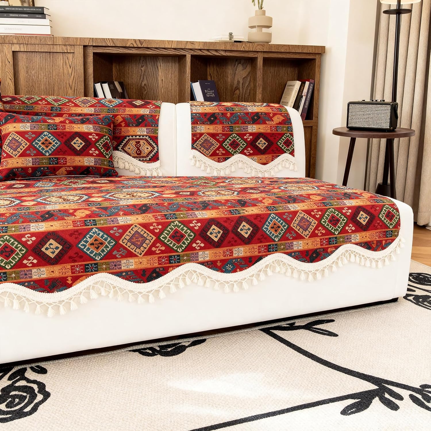 VOGOL Tribal Geometric Sofa Slipcover, Wave Edge Couch Pad with White Tassels, Non Slip Heavy Chenille Furniture Protector for Cats Dogs, 27x60 Inches, 1 Piece