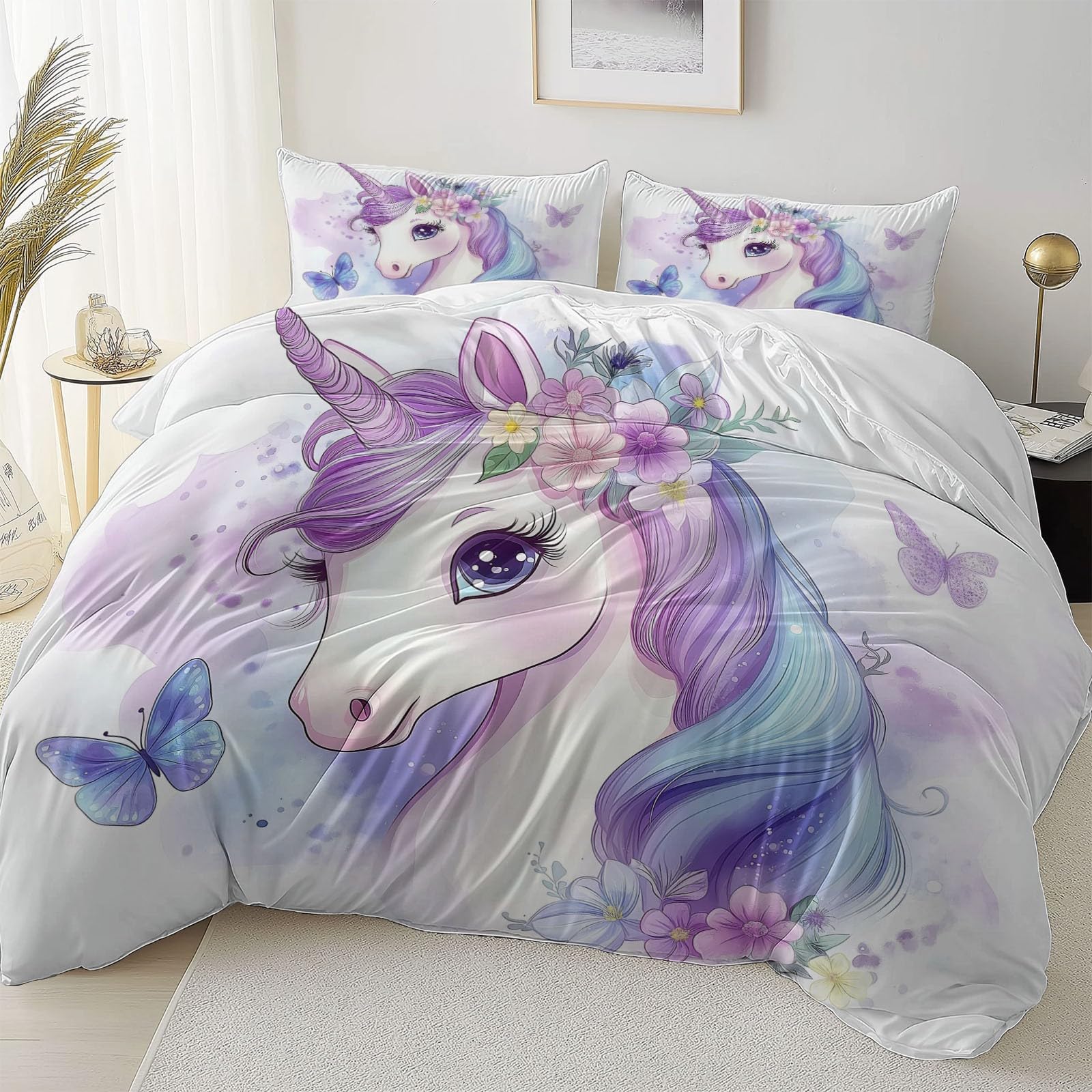 Poszwa na kołdrę 240 x 260 cm - Dream Unicorn Flower Butterfly Print Komplet pościeli z mikrofibry - zamek błyskawiczny - z 2 poszewkami na poduszki - dla dziewczynek chłopców biała dekoracja sypialni