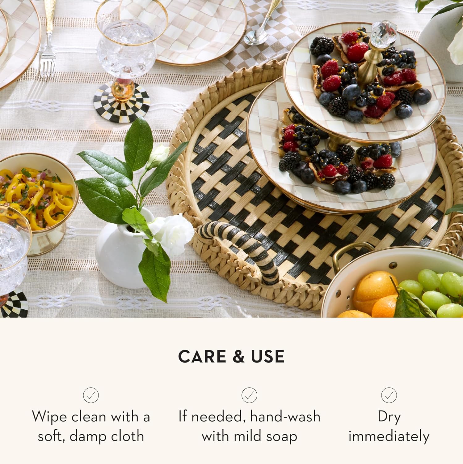 MACKENZIE-CHILDS Enamel Two-Tier Sweet Stand, Two-Tiered Serving Tray for Dessert, Brown-and-White Mocha Check