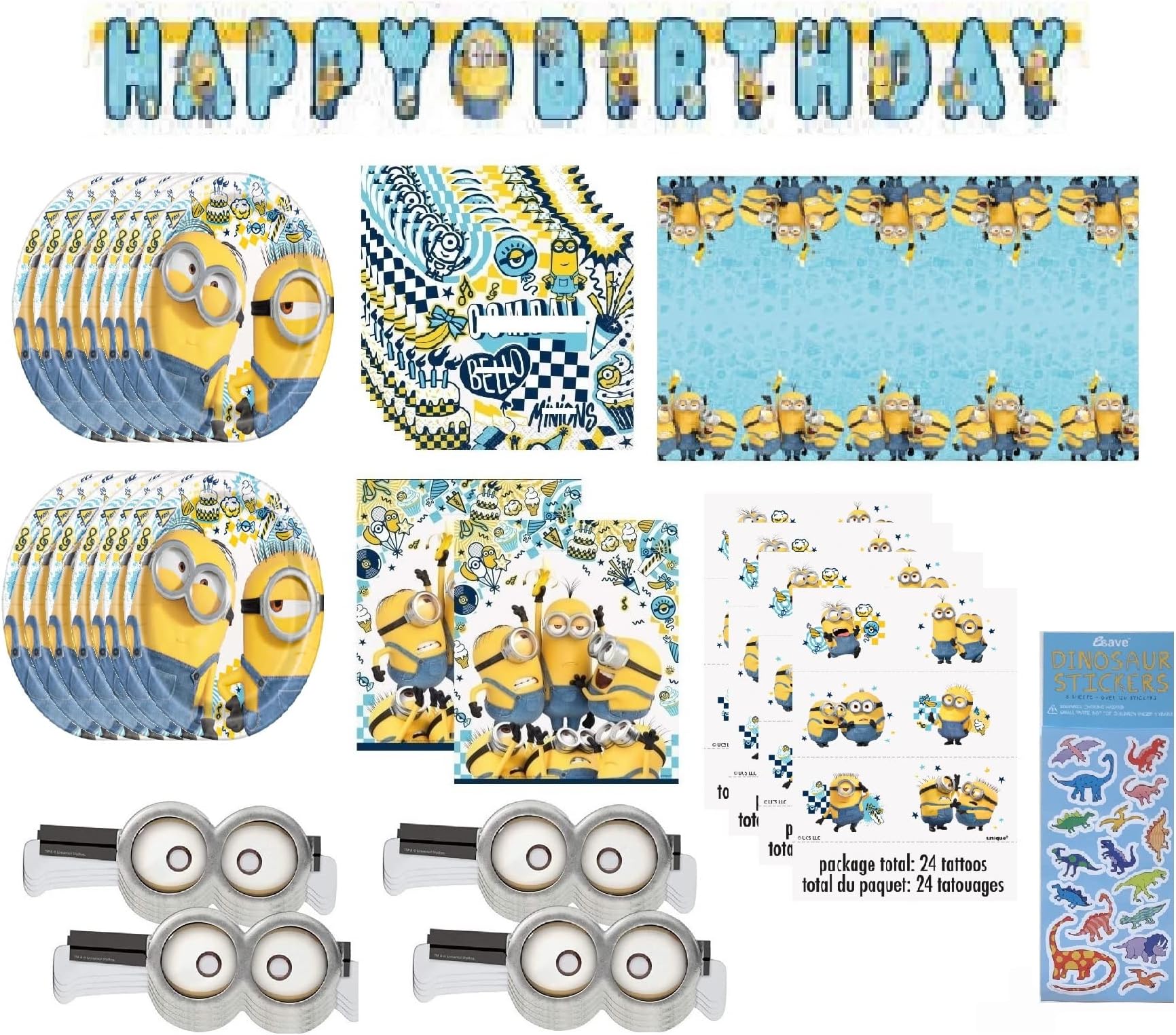 Unique Industries Inc Despicable Me Minions Birthday Party Supplies Decoration Favor Bundle for 16 includes Plates, Napkins, Table Cover, Birthday Banner, Loot Bags, Paper Goggles, Tattoos