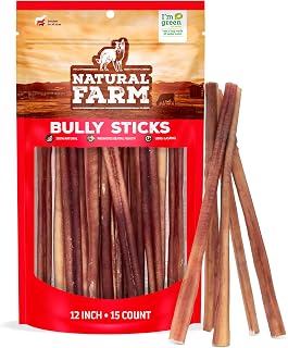 Natural Farm Odor-Free Bully Sticks (12 Inch, 15 Pack), 1.2 lbs. Per Bag, 100% Beef Pizzle Chews, Grass-Fed, Non-GMO, Fully Digestible Long Lasting Best Dental Treats to Keep Your Dogs Busy