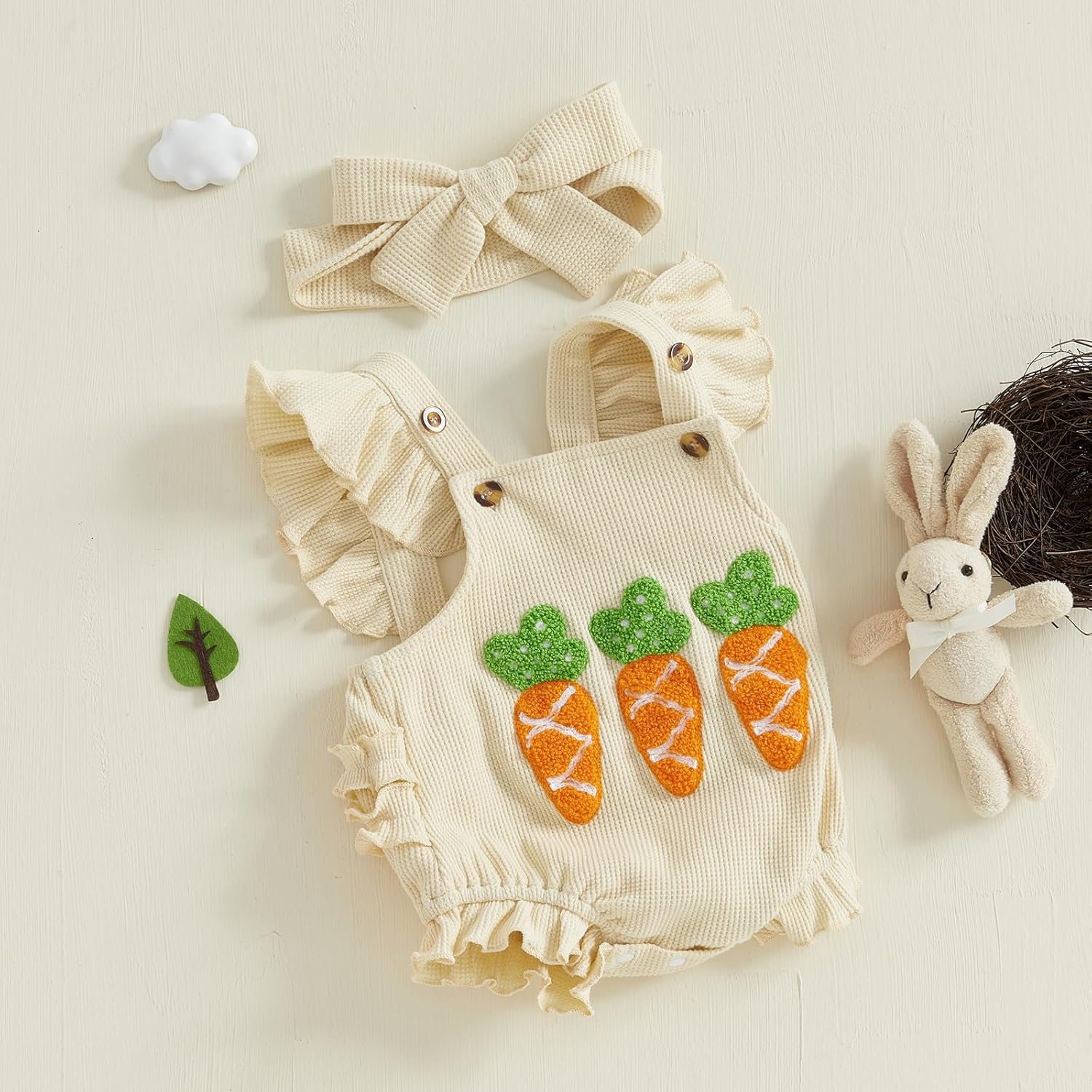 Baby Girl Easter Outfit Newborn Bunny Carrot Romper Sleeveless Jumpsuit with Headband - Image 2
