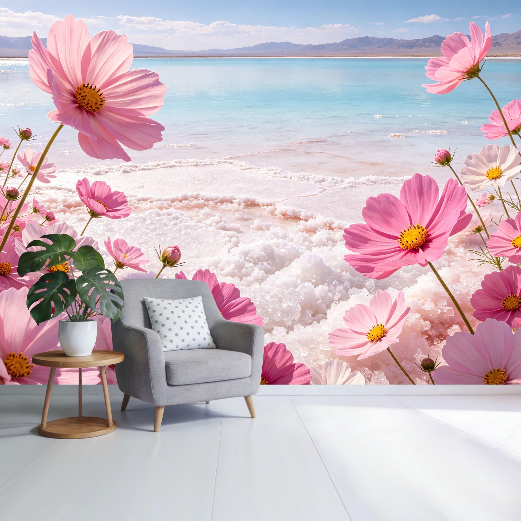 Custom Size Wall Mural Pink Cosmos Flowers Coastal Lake Landscape Watercolor Style SelfAdhesive Wall Fabric Removable Wallpaper for Home Office Decor
