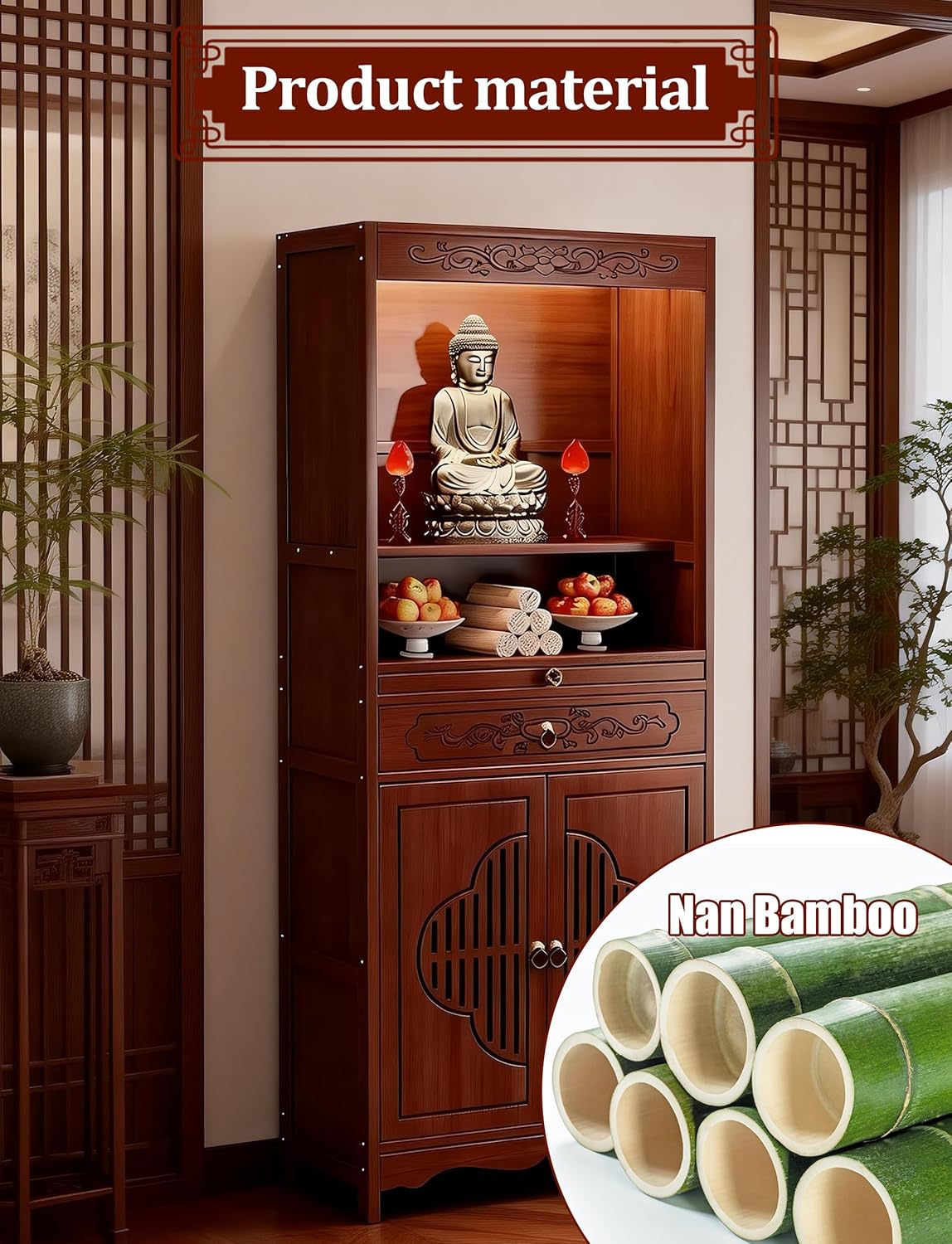 Buddhist Altar Table,Bamboo Altar Cabinet with Drawers & Storage, Personal Shrine Altar Table, Pooja Cabinet for Home Worship, Meditation Room Decor, Pooja Mandir (26.8×13×67in)
