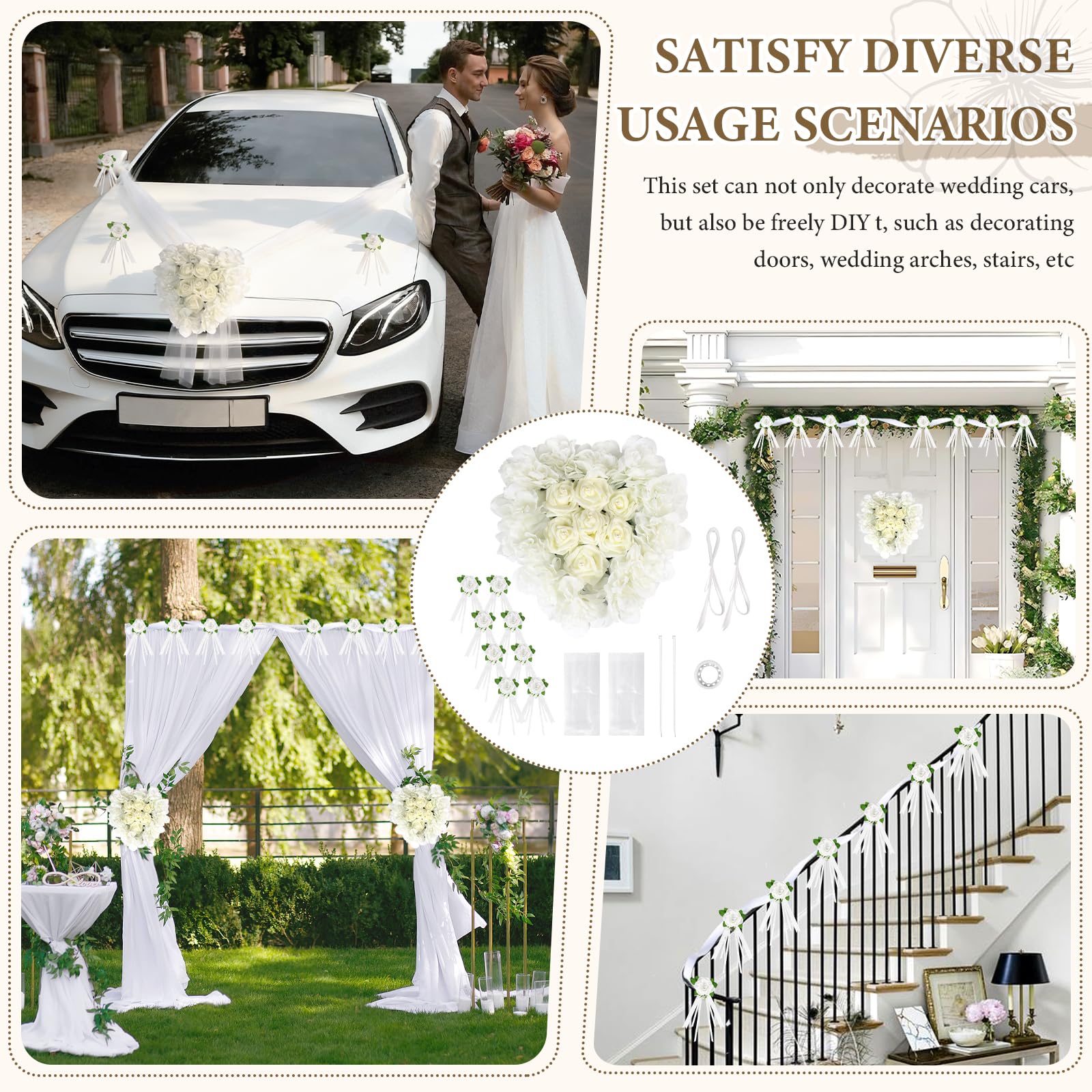 Décoration de Voiture en Forme de Cœur pour Mariage, Kit avec 1 Guirlande Cœur, 4 Fleurs pour Poignées de Porte, 2 Bandes de Tulle (1,8m) pour Enterrement de Vie de Jeune Fille & Cérémonie