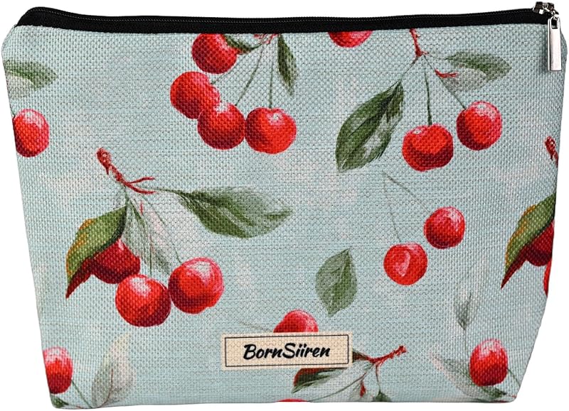Necessaire de maquiagem BornSiiren Cherry Blue com zíper e forro, Pacote com 1