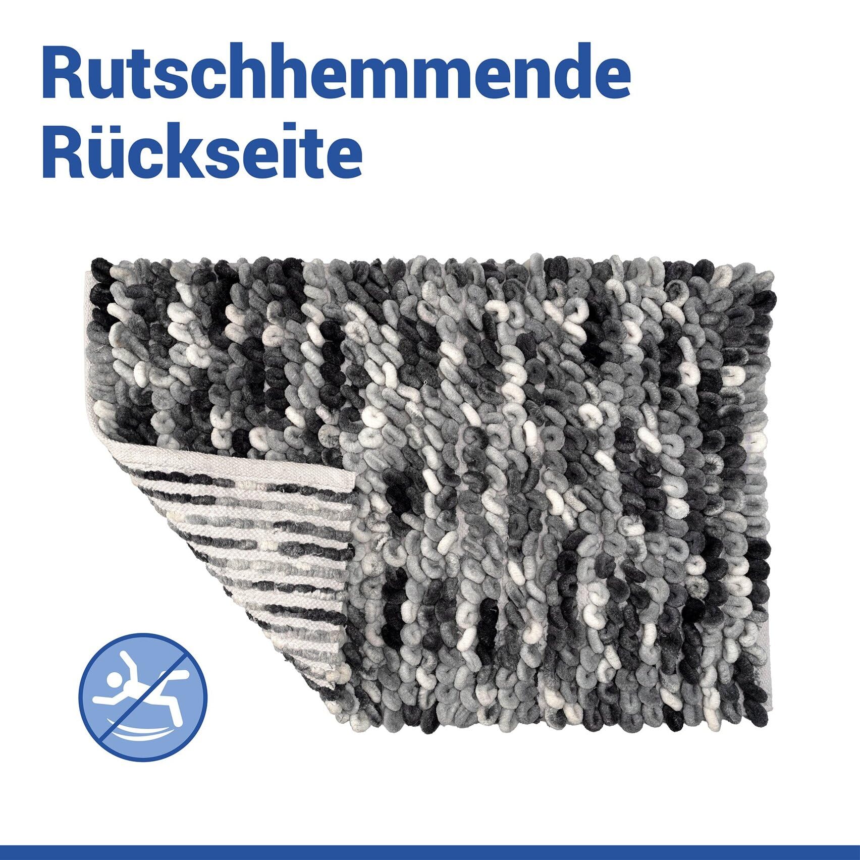 WENKO Badezimmerteppich mit XXL-Schlaufen, 60 x 90 cm, rutschfeste Badematte, schnelltrocknend, saugfähiger Badteppich aus Polyester & Baumwolle, per Hand waschbar, Mod. Lerici, grau-blau