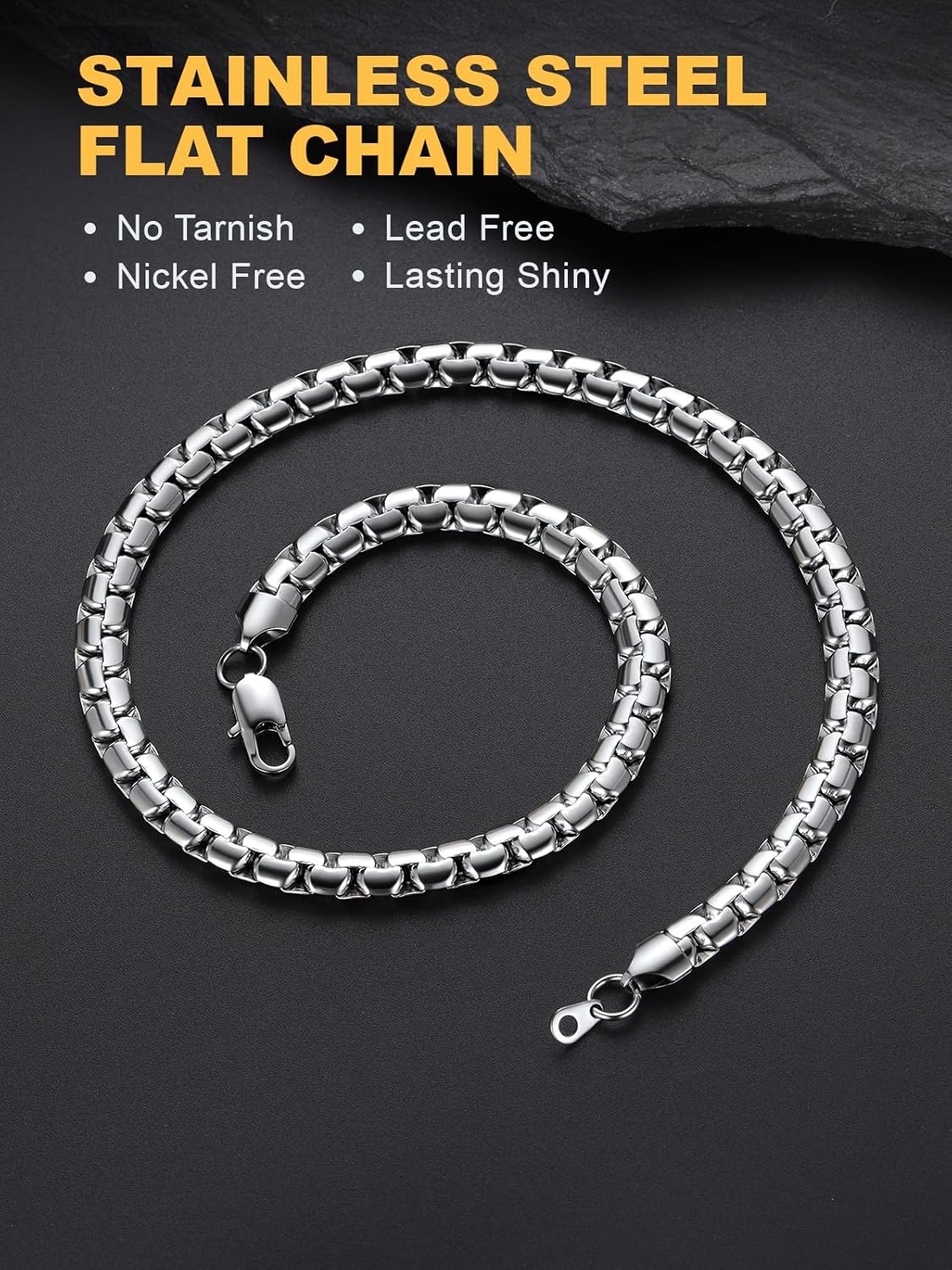 U7 Flat Box Chain Necklace for Men, Silver/Black/Gold Plated Stainless Steel Cuban Link Chain Necklaces for Mens Womens, 2/4/6/8mm Width, 14-30 Inches Length, Durable Hip Hop Jewelry with Box Packed - Image 3