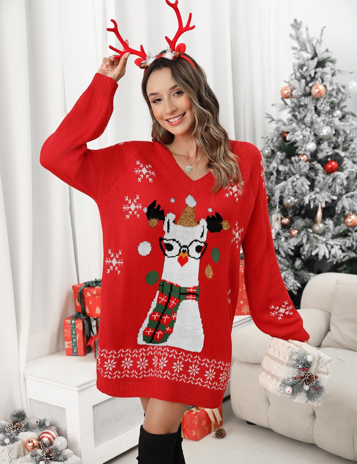 Women's Ugly Christmas V Neck Oversize Sweater Dress Long Sleeve Loose Holiday Knit Xmas Mini Dress.