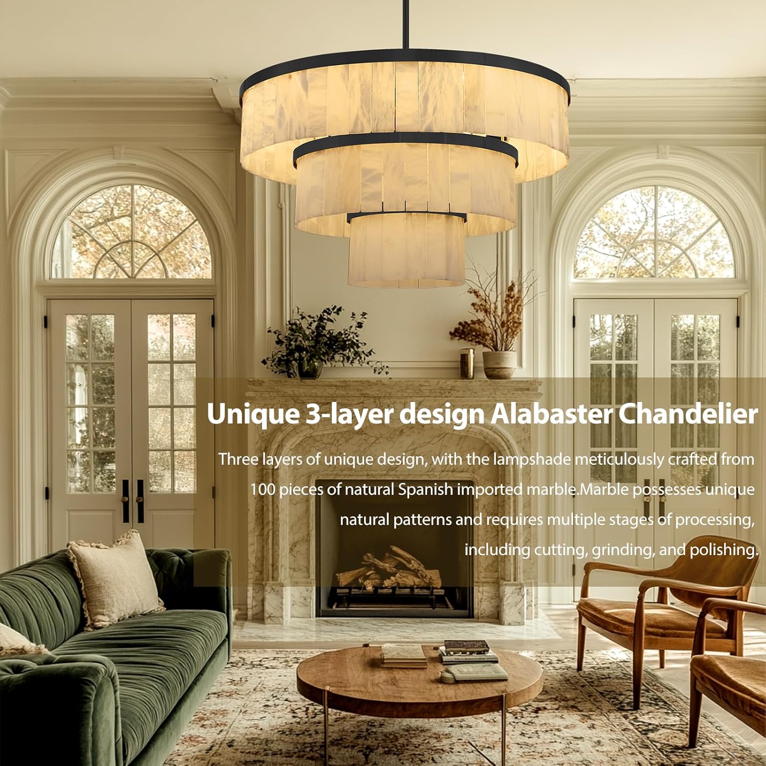 Round Alabaster Chandelier, 3 Tiers Black Marble Chandelier for Dining Room, D34 Modern Living Room Chandeliers Modern High Ceilings Chandeliers for Bedroom, Foyer, Entryway(Include 15 Bulbs) black-D34-round