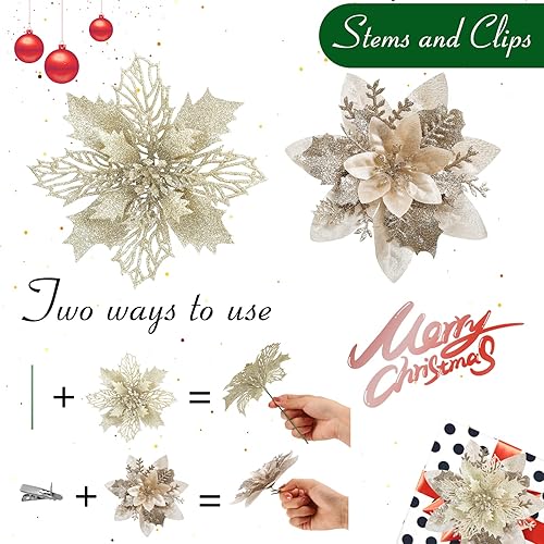 Miniatura 7 de Serwalin 20 flores de árbol de Navidad, flor de pascua champán de 5.56.3 pulgadas, flores artificiales para árbol de Navidad, decoración de