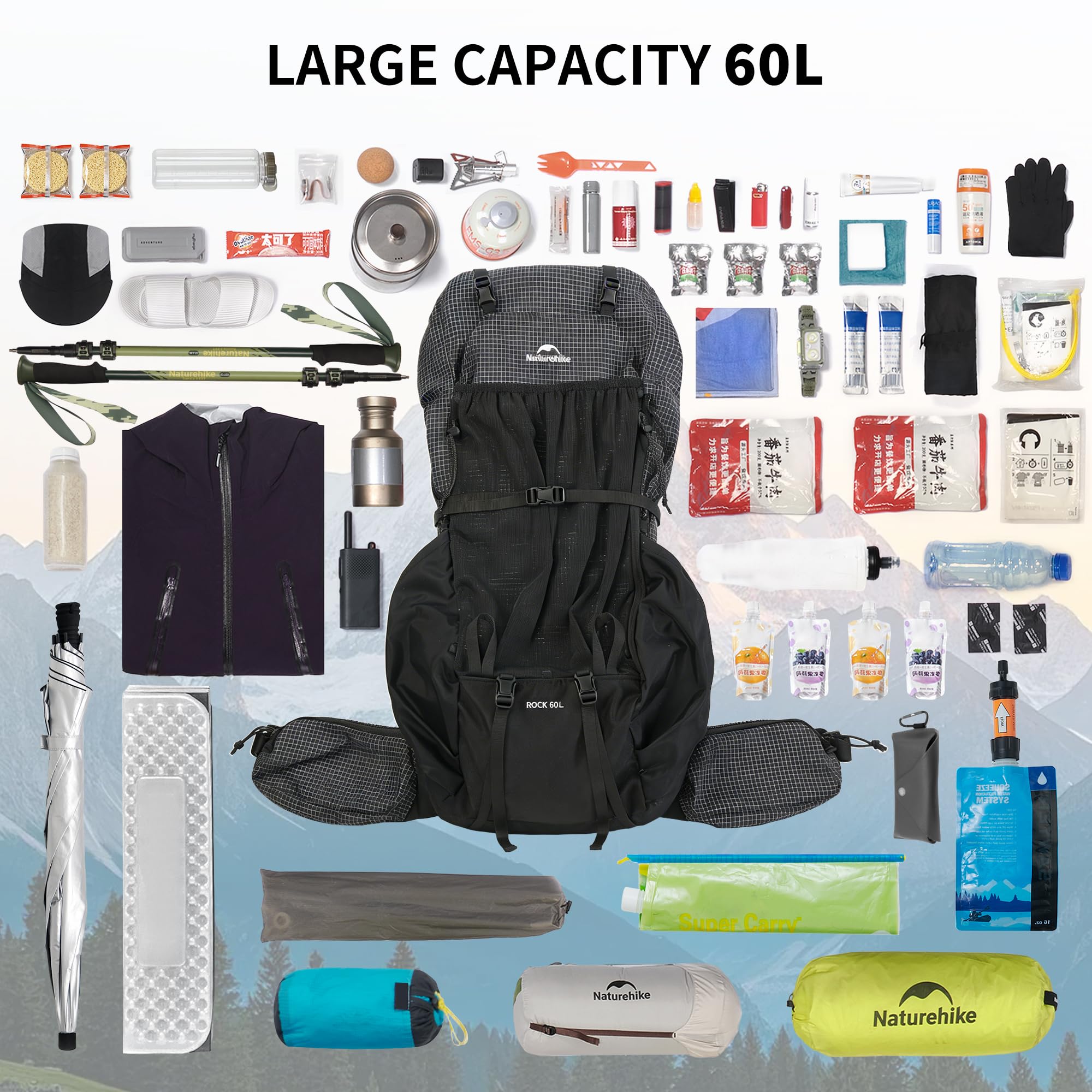 Naturehike Rock 2.0 Upgraded 30/45/60L Mochila con marco interior, mochila de senderismo para hombres y mujeres con funda impermeable mochila de senderismo para actividades al aire libre, camping