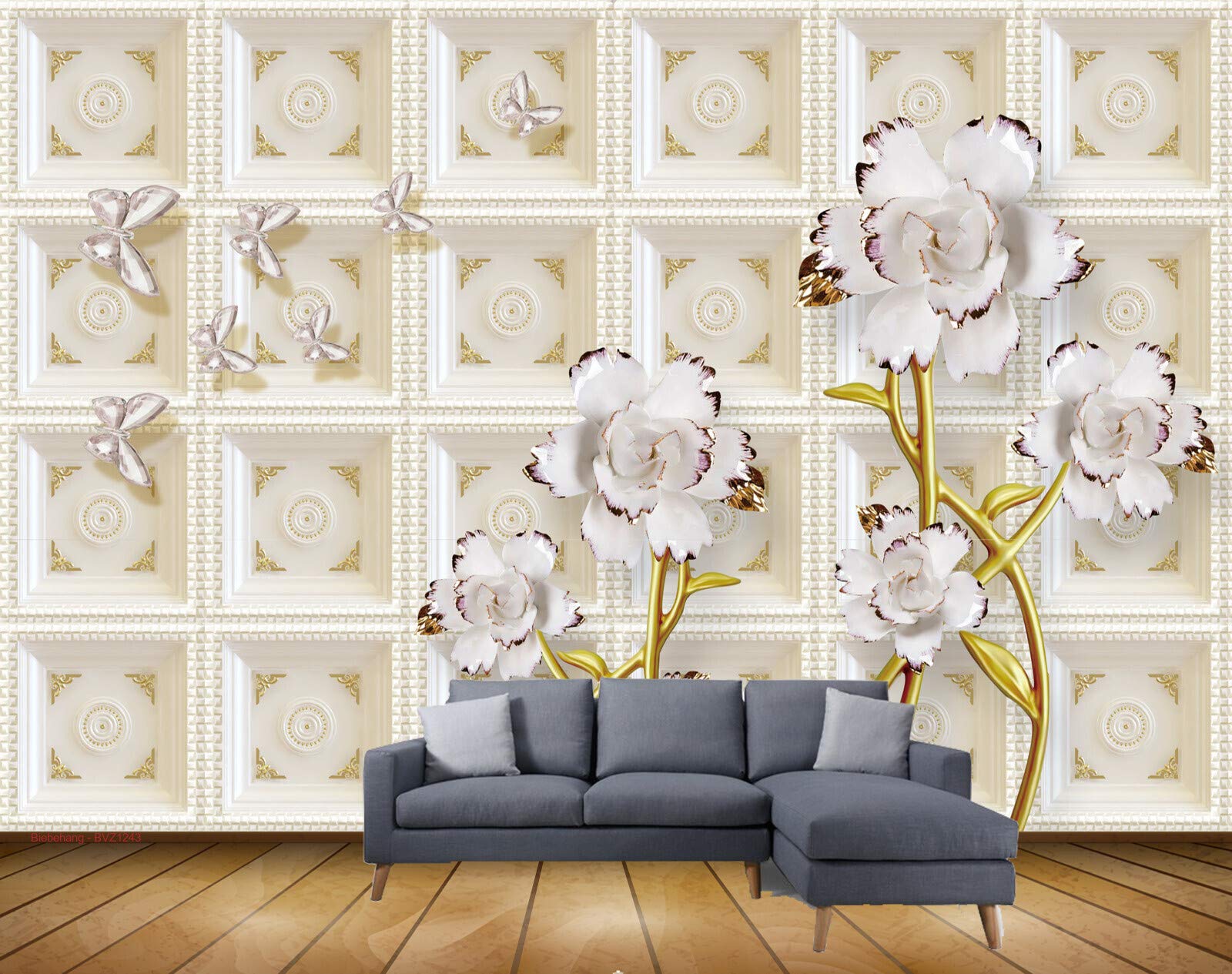 Beibehang Exclusive BVZ1243 3D Sterling Jewels Flowers Butterfly Wall Background HD 3D Wallpaper(365 cm x 304 cm)