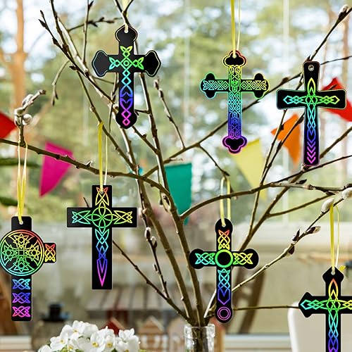 Miniatura 5 de Chivao 80 piezas de adornos de cruz para rascar de Pascua, kit de manualidades de color arcoíris, papel para rascar, regalos cristianos para niños,