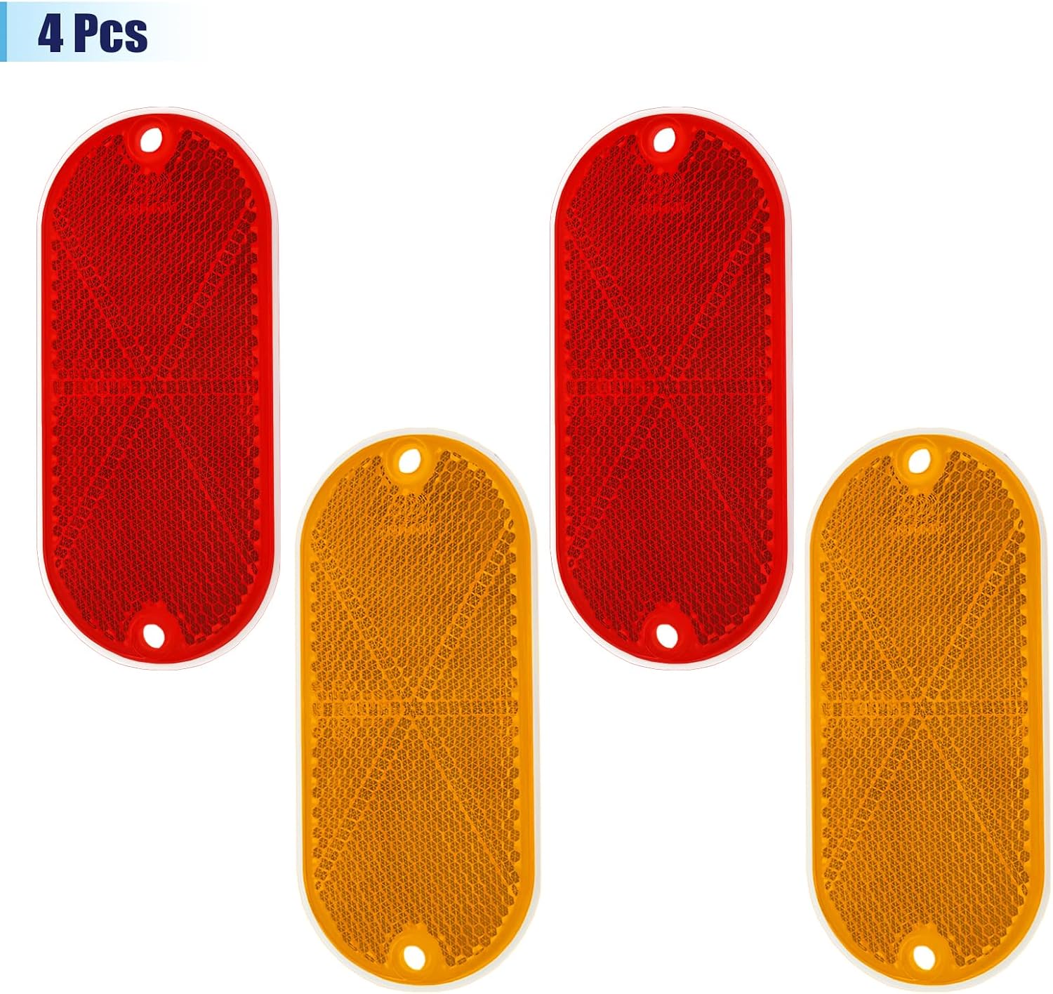 4 Pcs Oval Reflectors, 4.5 x 5 Inchs Self Adhesive Or Drill Mount, Motorcycle Reflectors Quick Mount Red/Amber