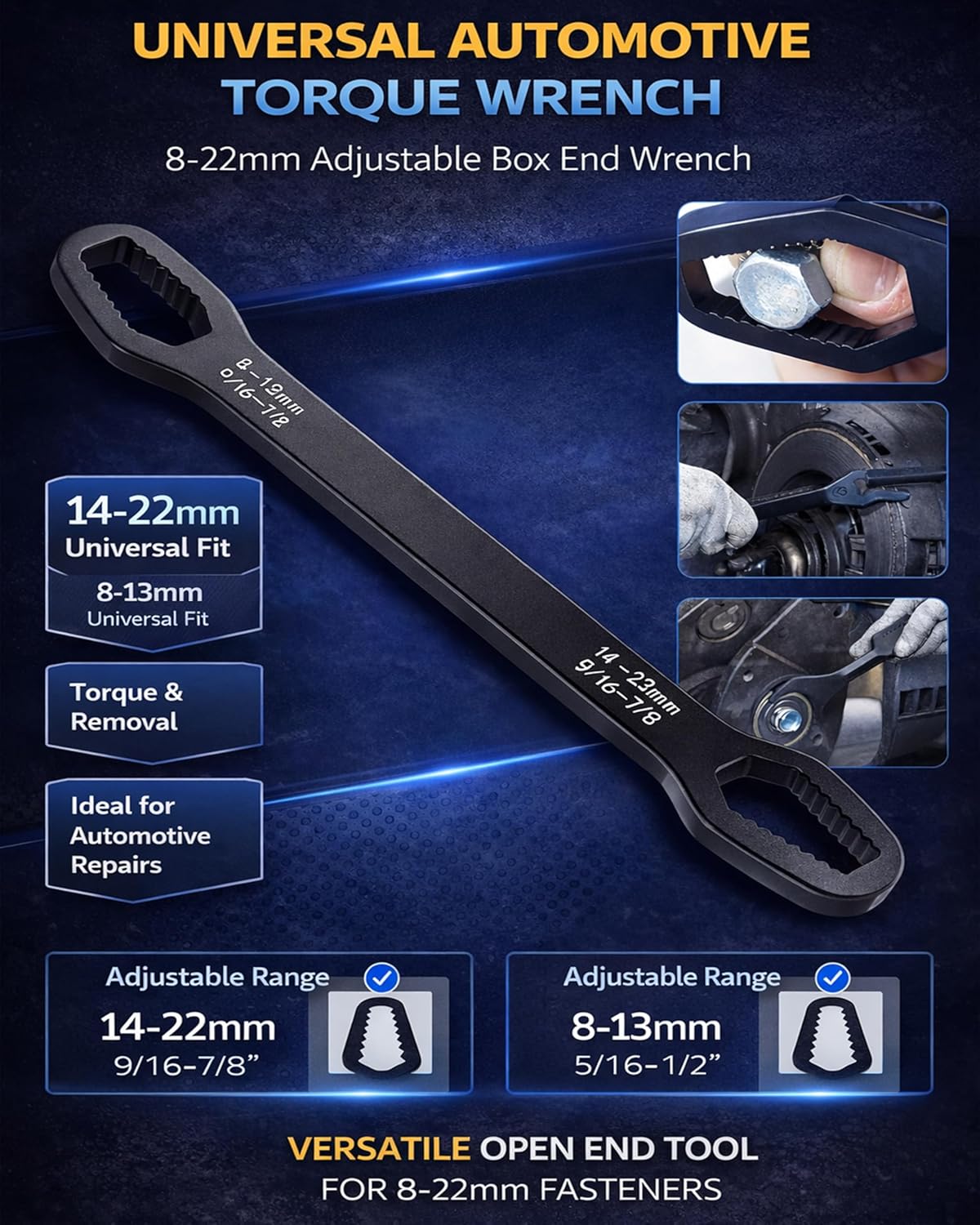 Universal Car Torx Wrench, Universal Self Adjusting Wrench, Double Ended Torx Wrench, Adjustable Double-Sided Wrench, 8-22mm Universal Wrench Receive for Home Car Repair (Set(4pcs))