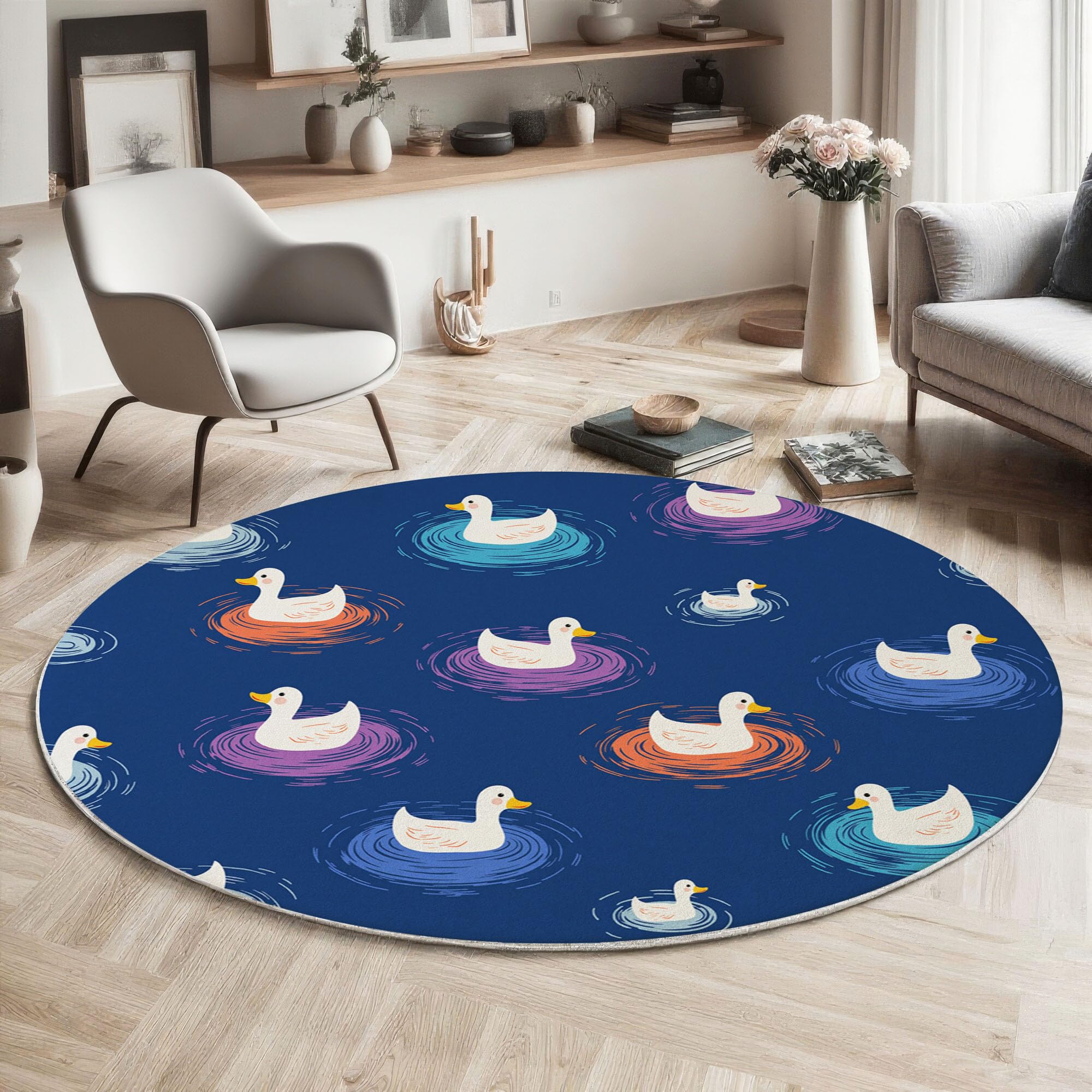 Tapis rond rétro de 80cm lavable pour créer un coin lecture cosy dans le salon
