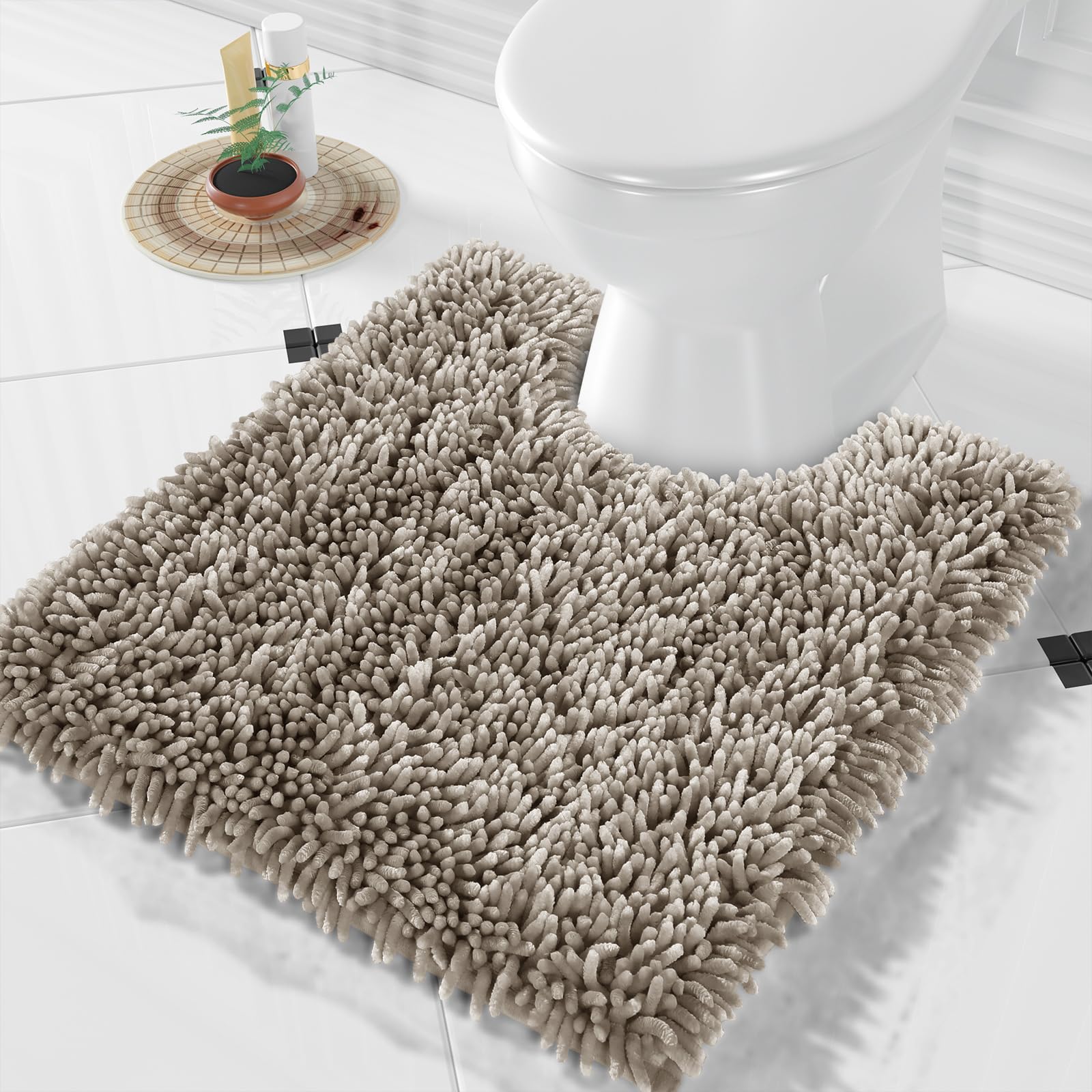 Yimobra Toilet Rugs U Shaped Washable, Extra Thick Soft Absorbent Chenille Contour Bathroom Rugs for Toilet 24x20 Inch, Quick Dry Non Slip Toilet Mat for Bath Floor, Light Brown