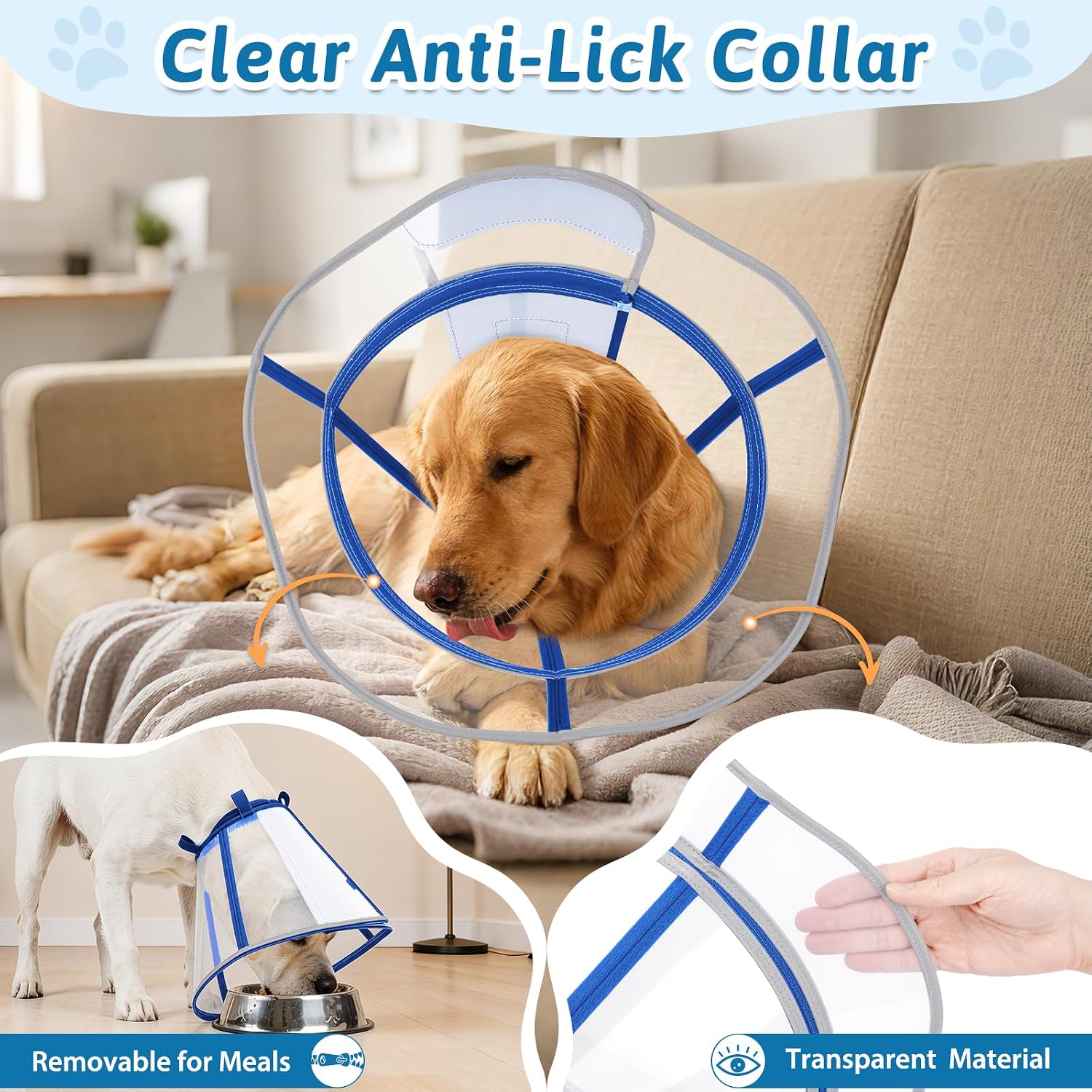 Dog Cone Collar, Clear Recovery Cone to Stop Licking, Adjustable Depth for Large Dogs, E-Collar with Reflective Strip for Night Visibility After Neuter Blue XXL