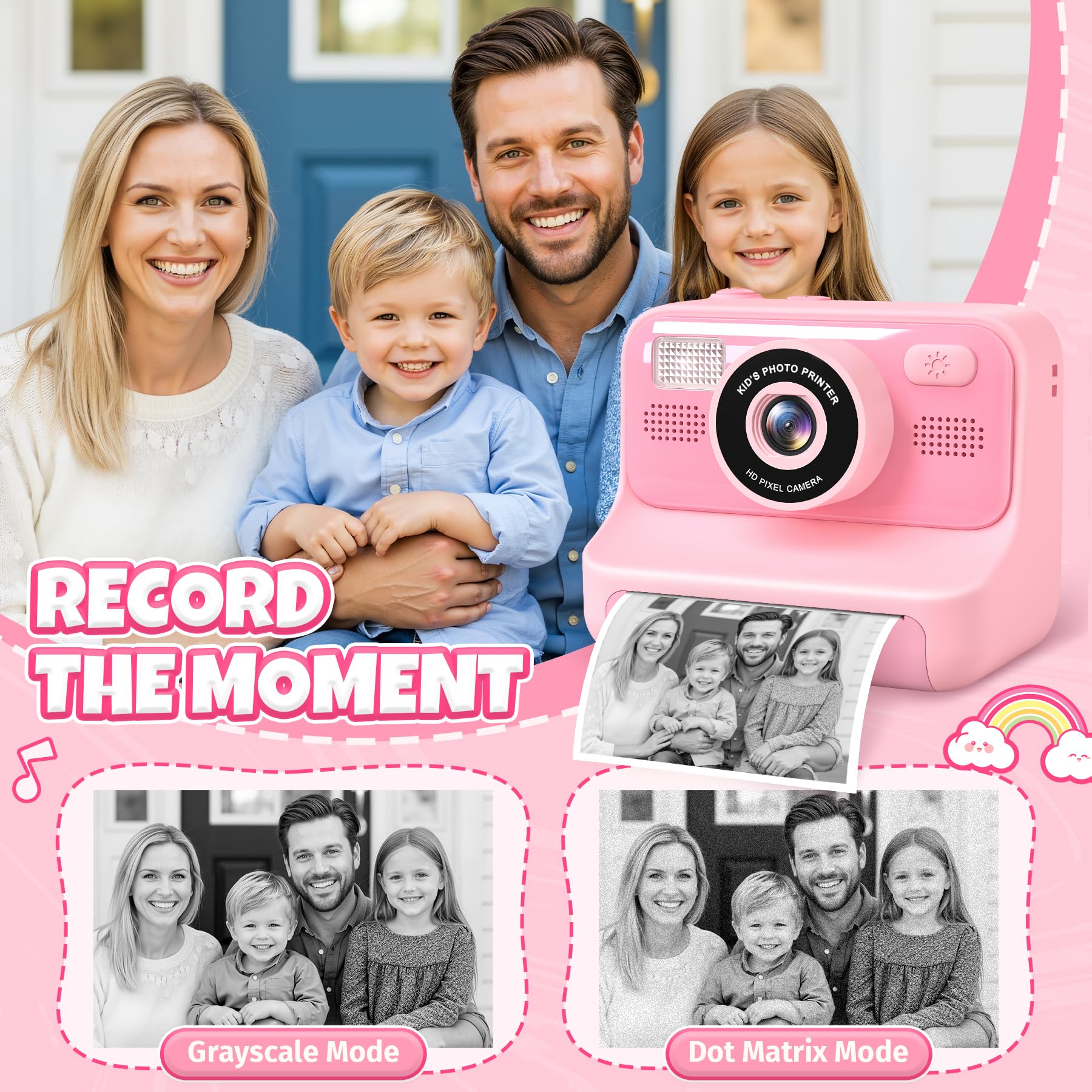 Appareil Photo Instantané Enfants, 2.4" Écran Selfie Appareil Photo instantané Enfant avec Carte de 32GB & 3 Rouleaux de Papier d'impression, Jouet Cadeau Noël Fille Garcon 3 à 12 Ans(Rose)