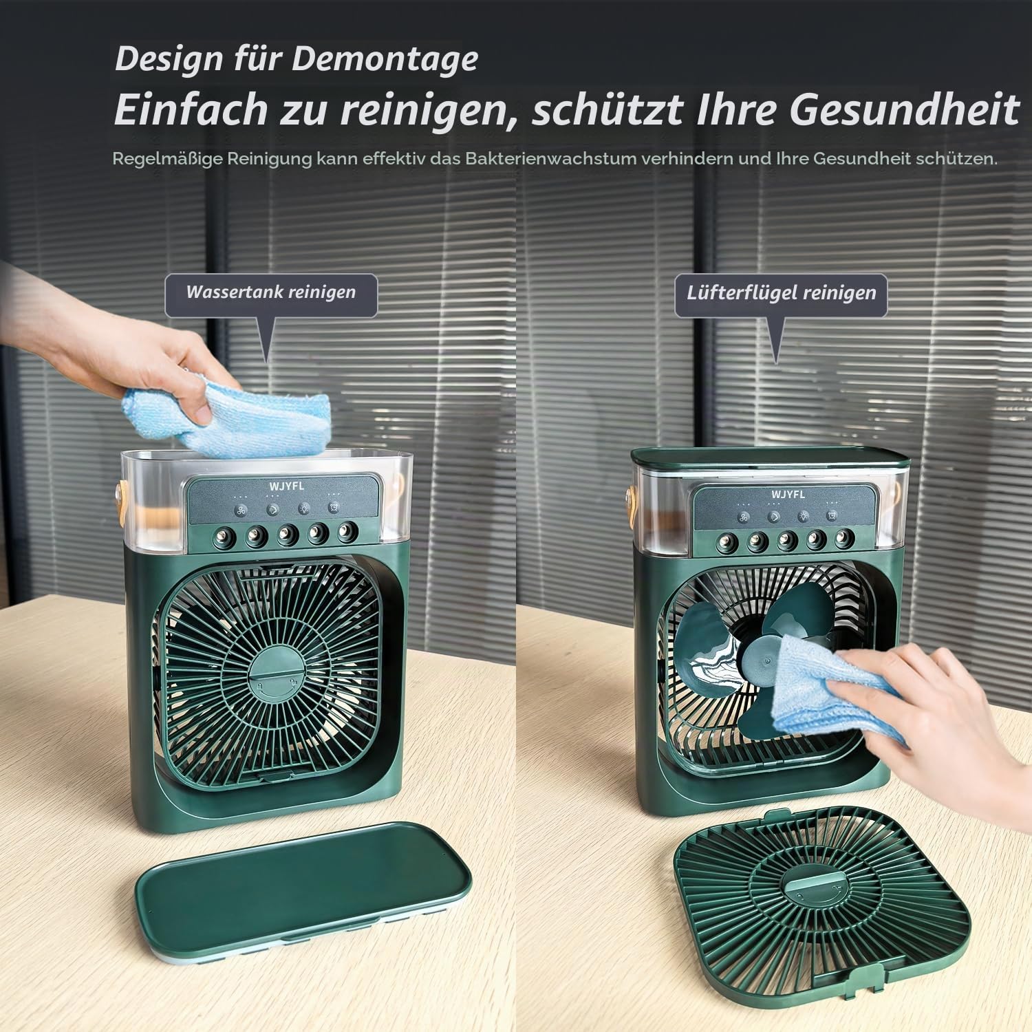 Mini Luftkühler mit 5 Sprühdüsen, 3 Sprühstufen und 600-ml-Wassertank | USB-betriebener Tischventilator mit 3 Windstufen, 1/2/3-Std.-Timer und 7-Farben-LED-Effekt für Büro und Schreibtisch