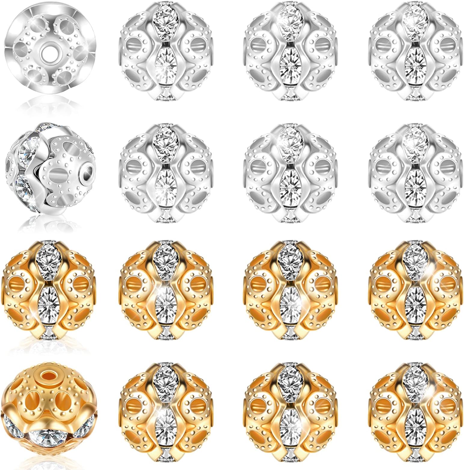 Waydress 200 Pcs 8mm Rhinestone Beads for Crafting, Shiny Round Disco Beads Bulk for Jewelry Making for DIY Bracelet Necklace Earring(Gold, Silver)