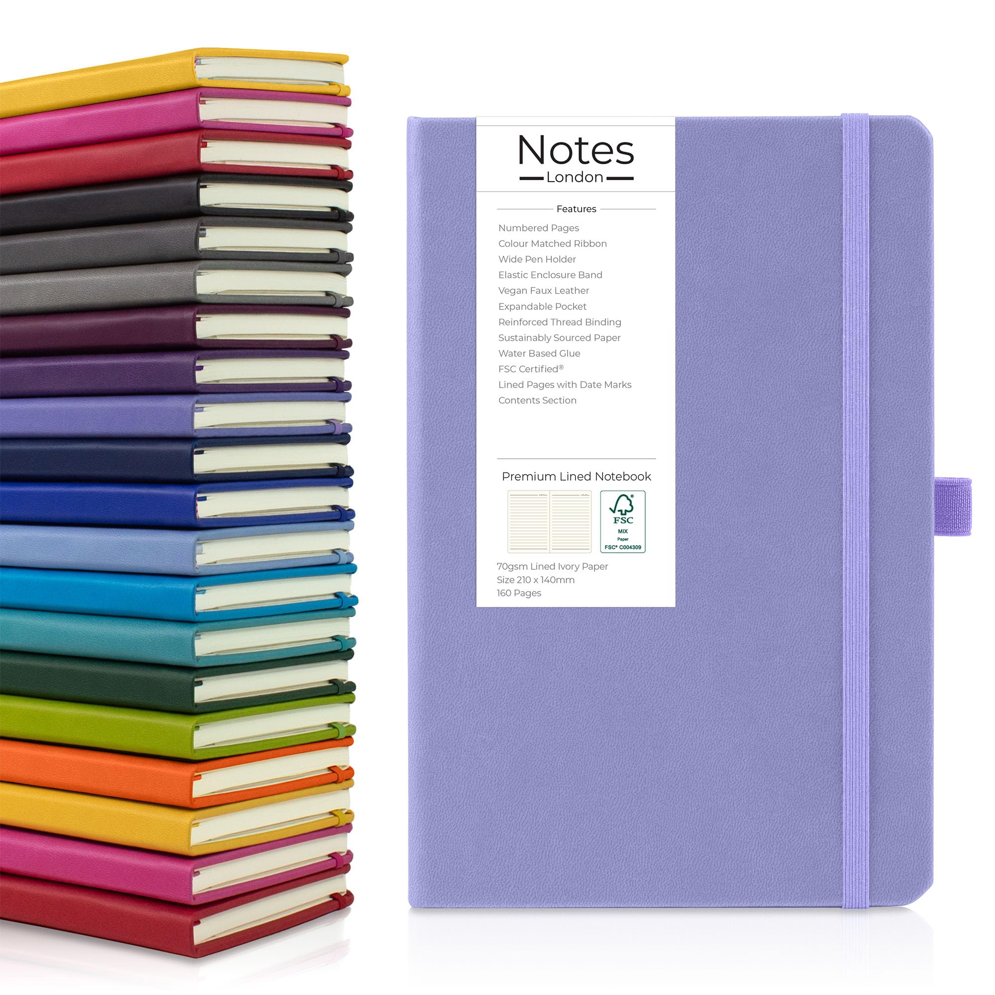 Notes London Eco A5 Notebook with Lined Pages, Pen Loop, Ribbon, Date Marks, Paper Pocket, Numbered Pages, Contents Page, Medium Hardback Journal, sustainably sourced paper (Pastel Purple)