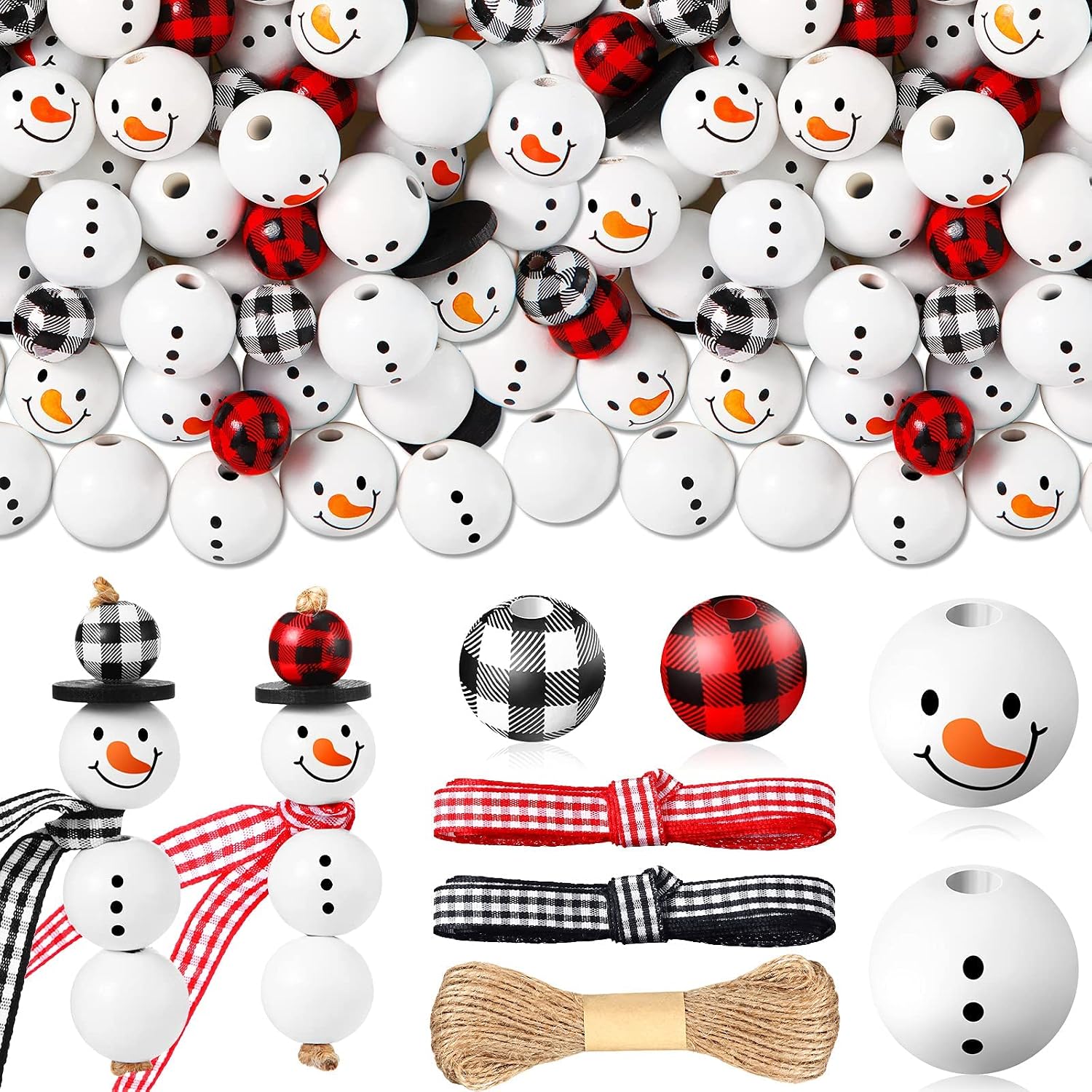 180 Piece Christmas Snowman Wooden Bead Winter Wooden Bead Christmas Buffalo Plaid Wood Round Bead Christmas Print Wooden Beads with DIY Twine Scarf Wooden Beads for Crafts (Classic Pattern)