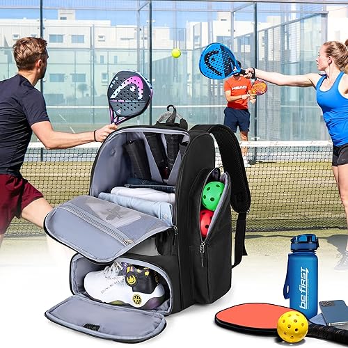 Miniatura 7 de Bolsa de pickleball para 4 paletas con compartimento para zapatos, mochila de pickleball con gancho para valla para accesorios de pickleball, bolsas