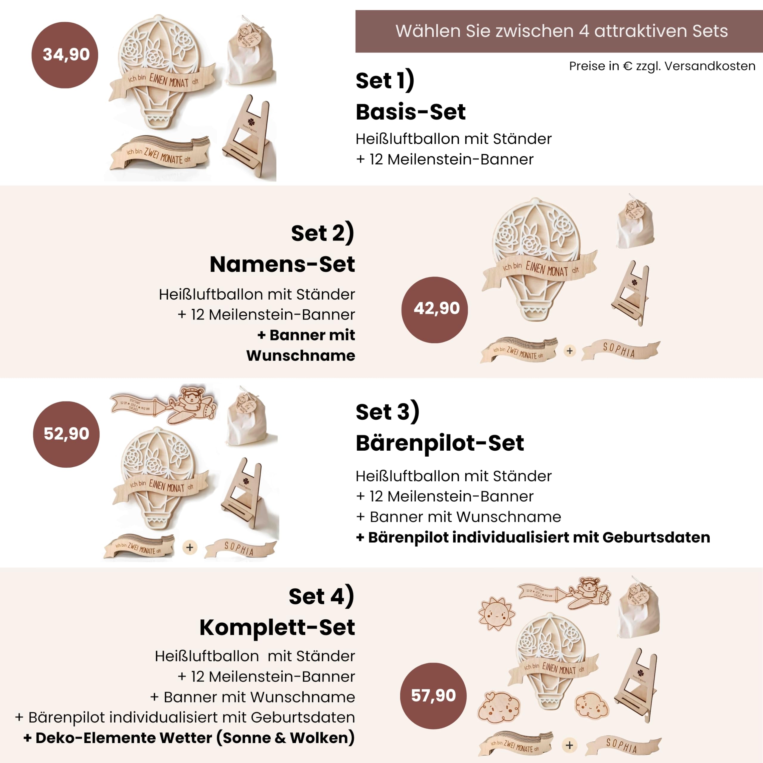 Meilensteinkarten Baby Holz 1-12 Monate personalisiert – Mädchen & Jungen Heißluftballon (Set 4) Komplett-Set)