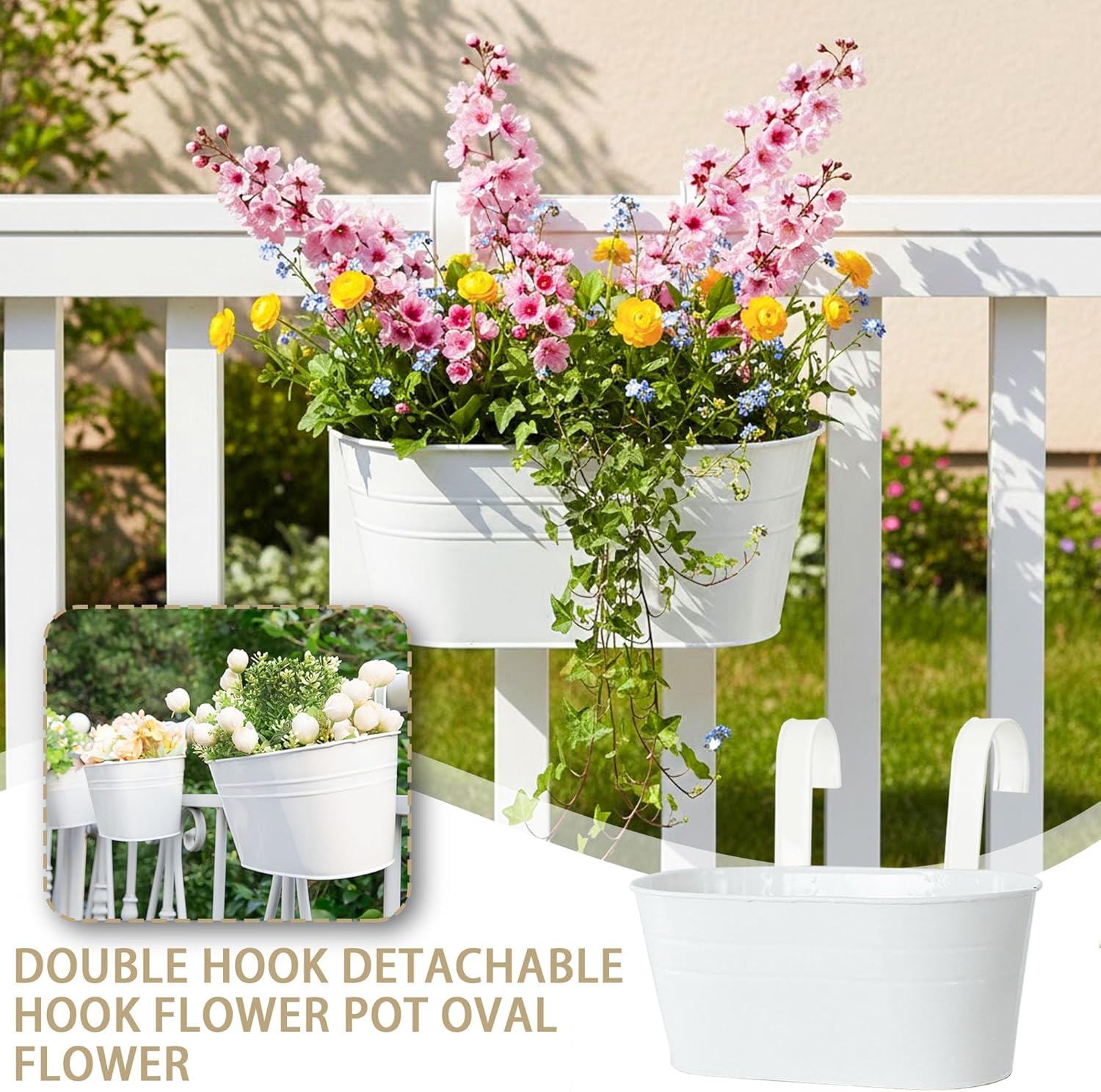 3 Pack 10.6 Inch Metal Hanging Flower Pot Oval Metal Railing Planter Balcony with Detachable Hook Indoor Outdoor Decor for Railing Fence Balcony Garden （White）