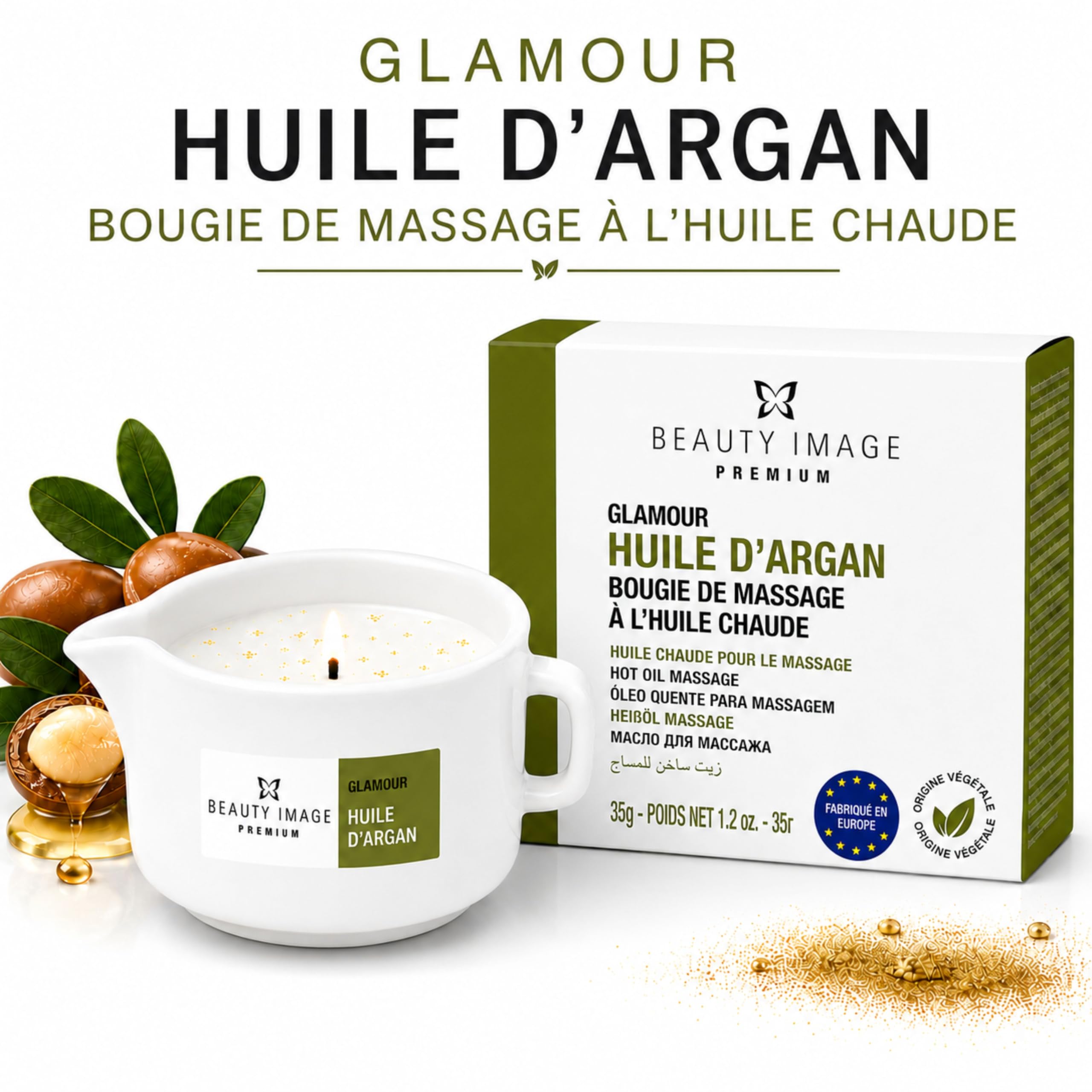 BEAUTY IMAGE Pack de 2 Bougies de Massage - Couleur Or Brillant - A l'Huile d'Argan. De 2 à 3 Massages Corporels Complets par Bougie. Huile Chaude pour Massage Professionnel.