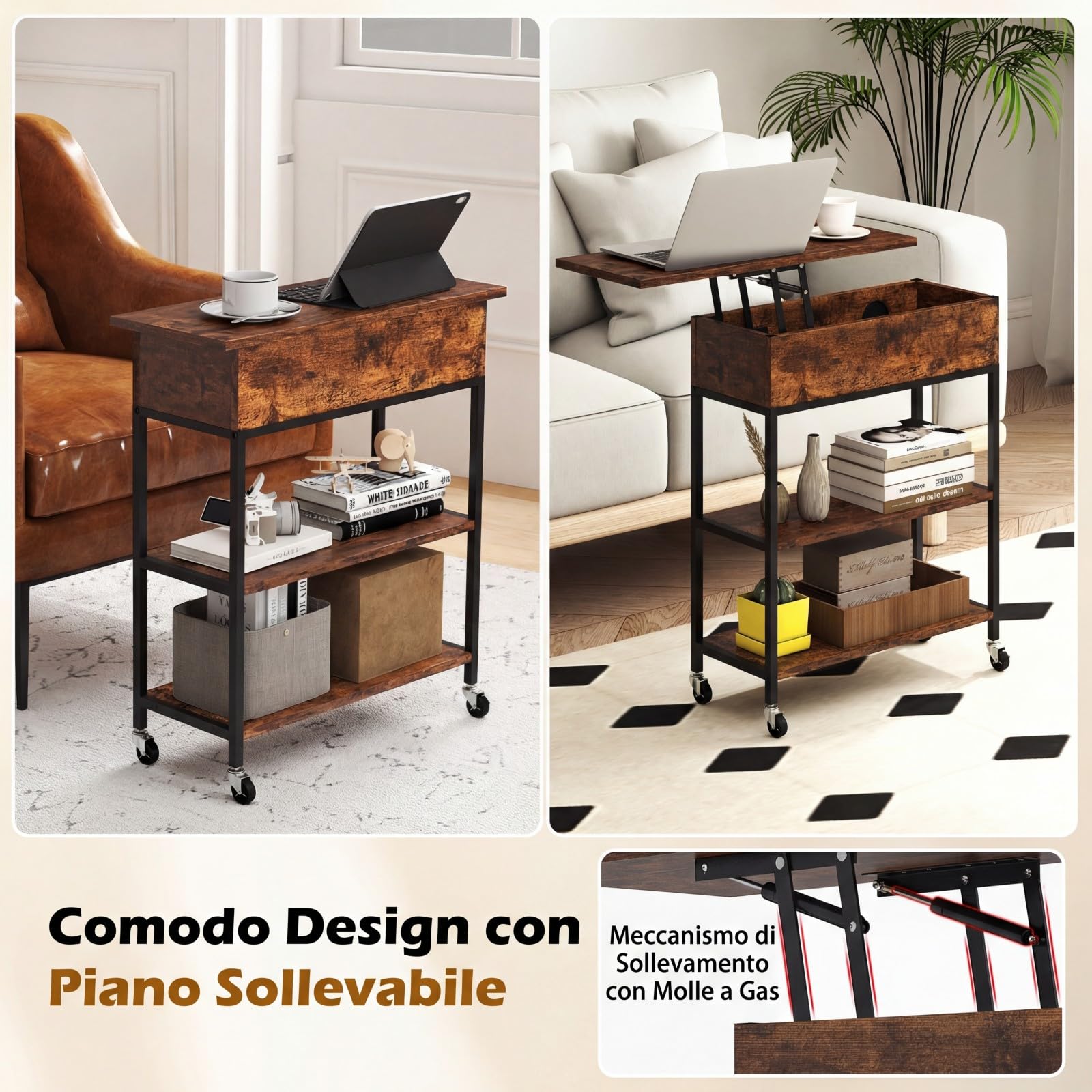 COSTWAY Tavolino Laterale con Piano Sollevabile, Marrone Vintage e Nero | Tavolino Stretto a 3 Ripiani con Stazione di Ricarica, Ruote Bloccabili e Ripiani Aperti, per Piccoli Spazi Soggiorno Camera