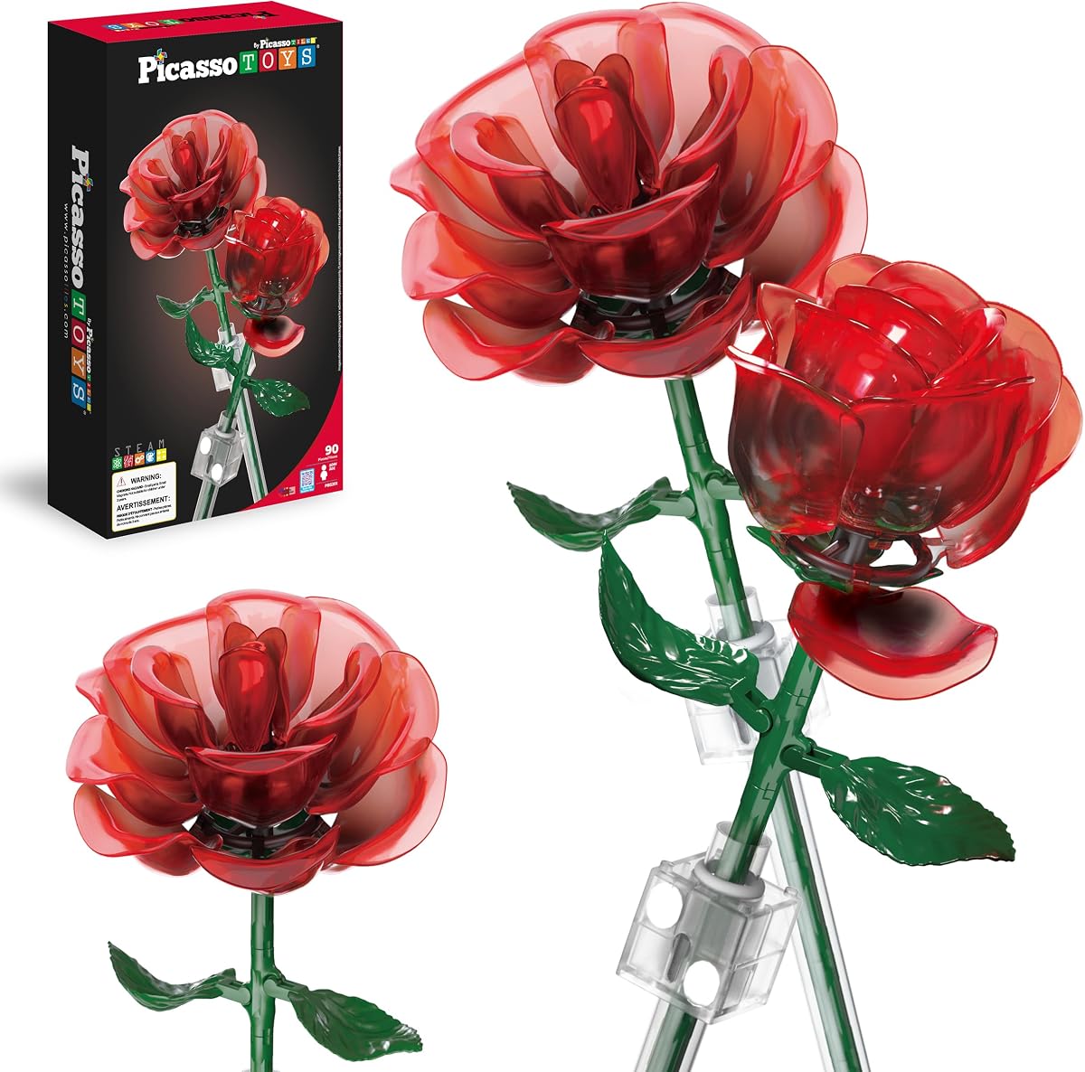 Red Stem Roses Building 90pc Kit with Magnetic Hold Pieces Creative Flower Construction Toy Hands-On Play Discovery Activity Playset Kids Toys Girls Boys Ages 3+ PBS201