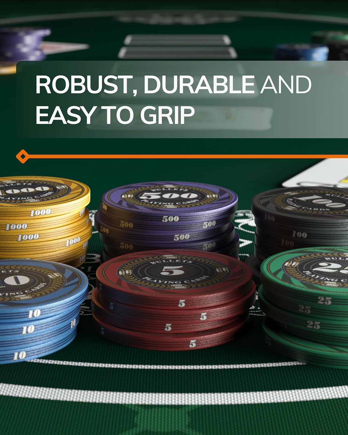 Bullets Playing Cards Ceramic Poker Chips - Printed Value for Easy Betting - Perfect for Poker Nights, Tournaments, & Casino-Style Games - Balanced Design - Set of 25 'Silvio' with Value 1000