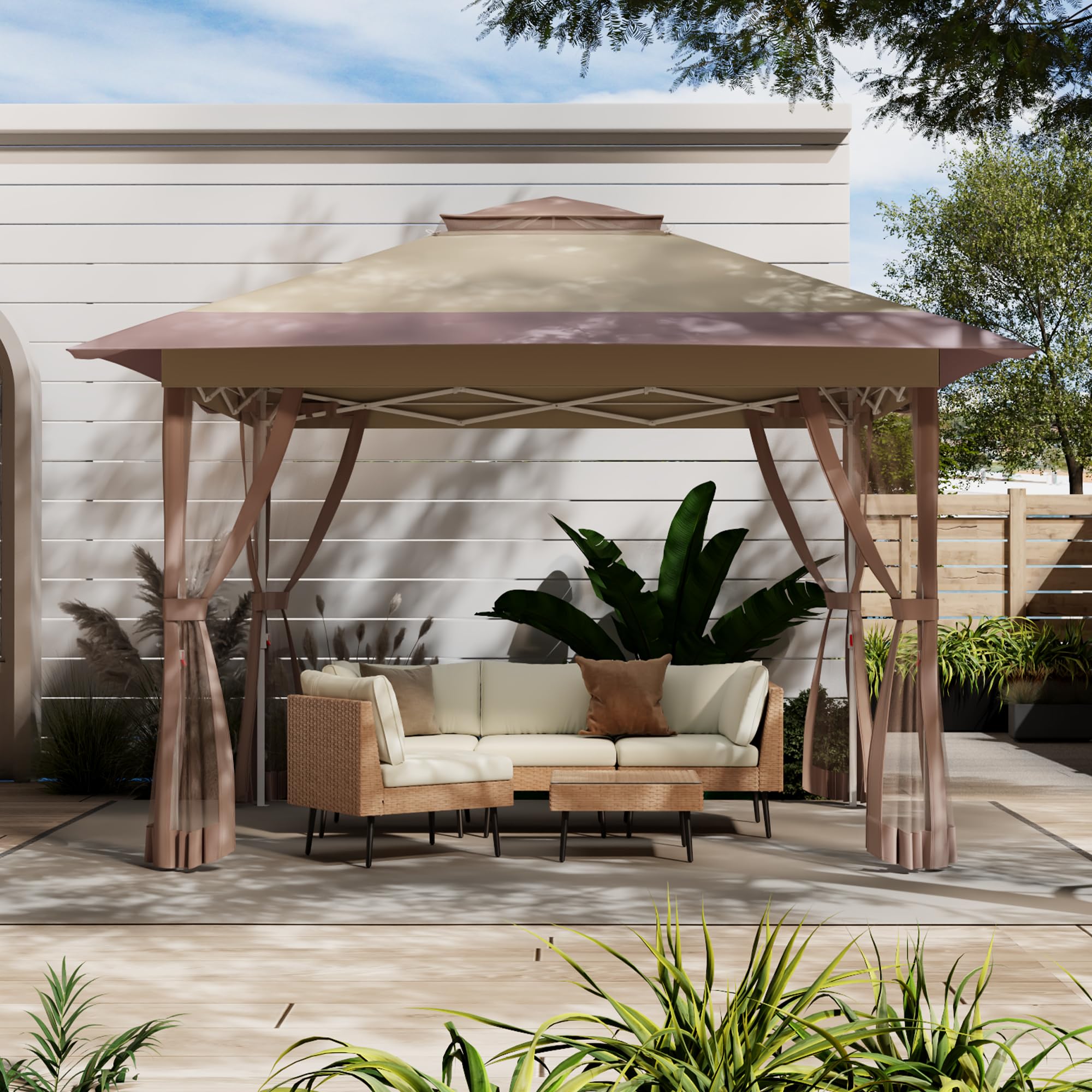 ENSTVER Pop Up Gazebo 12x12 with Mosquito Netting, Central Lock System Outdoor Gazebo Tent with Rolling Bag, Screened for Garden, Backyard, and Lawns