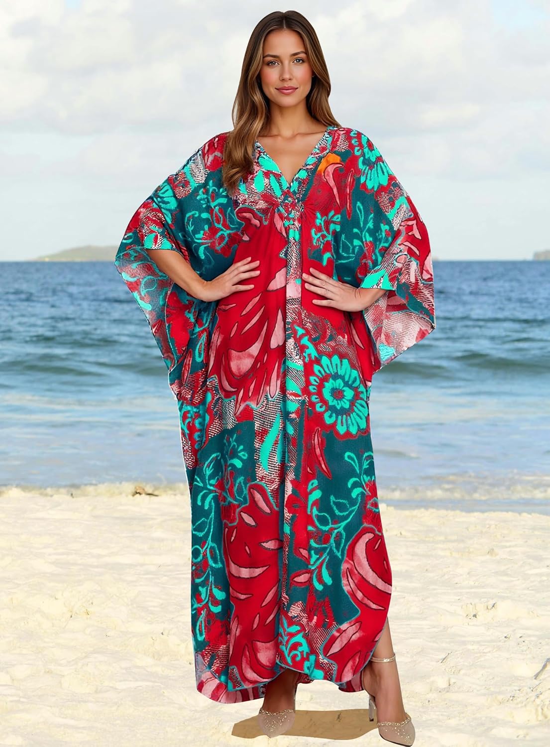 Women Kaftan Dresses Plus Size V-Neck Batwing Sleeves Beach Cover Up 2025 Summer Floral Print Caftan Dress - Image 7