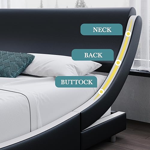 Miniatura 4 de HOOMIC Base de cama moderna de plataforma King con cabecera ajustable, cama de trineo tapizada de piel sintética de lujo de perfil bajo, soportes de