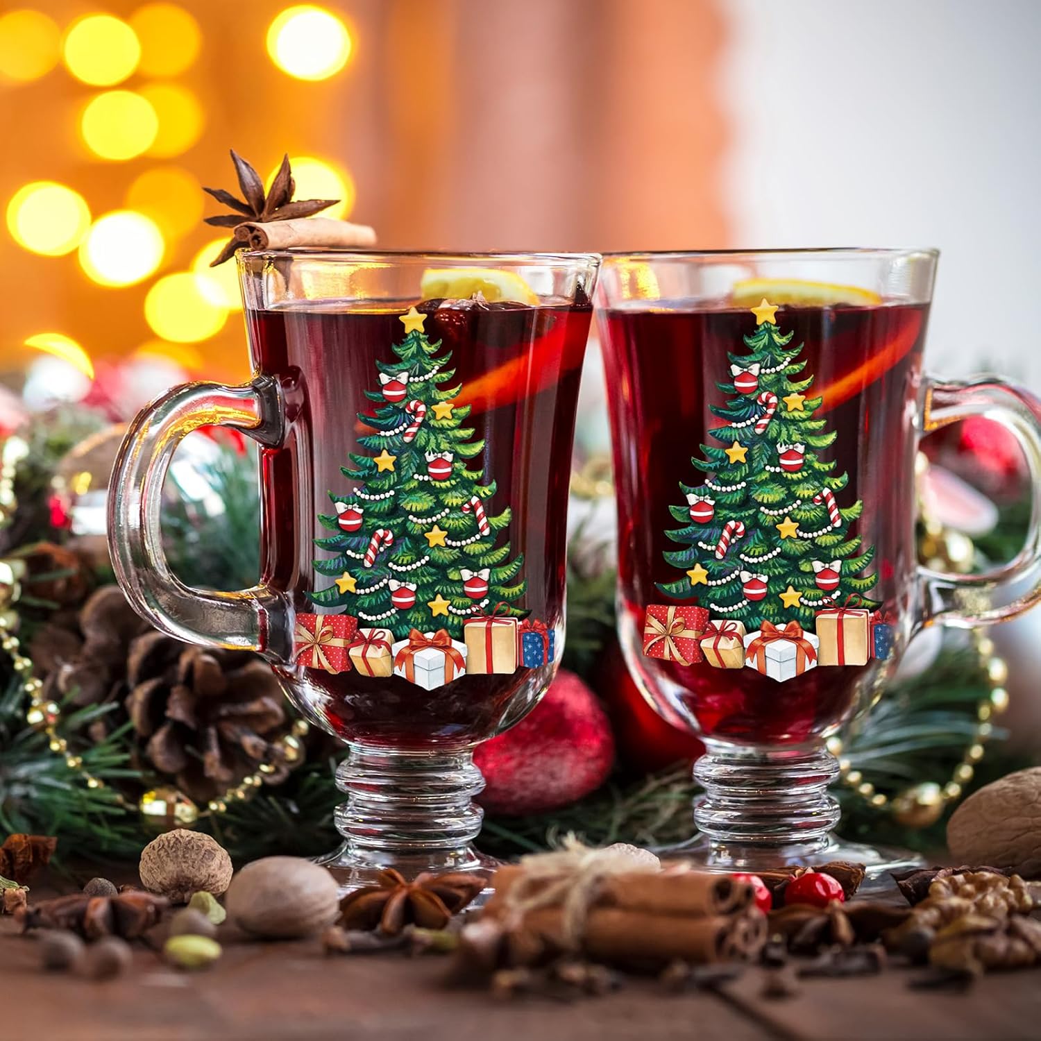 Sliner 6 Pcs Christmas Tree Coffee Mugs Irish Glass Coffee Mugs 8 oz Glass Footed Espresso Cups with Handles, Clear Goblet Mugs Glasses for Coffee, Latte, Cappuccino, Smoothie, Beverages Xmas Gifts