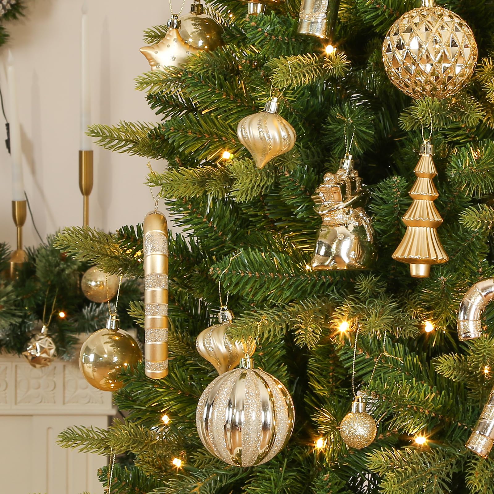 Shareconn 70pcs Christmas Ball Set - Ornements en Plastique incassable, Rubans et décorations pour Le Sapin - Parfait pour Les fêtes de Fin d'année et Les Mariages, Champagne Gold