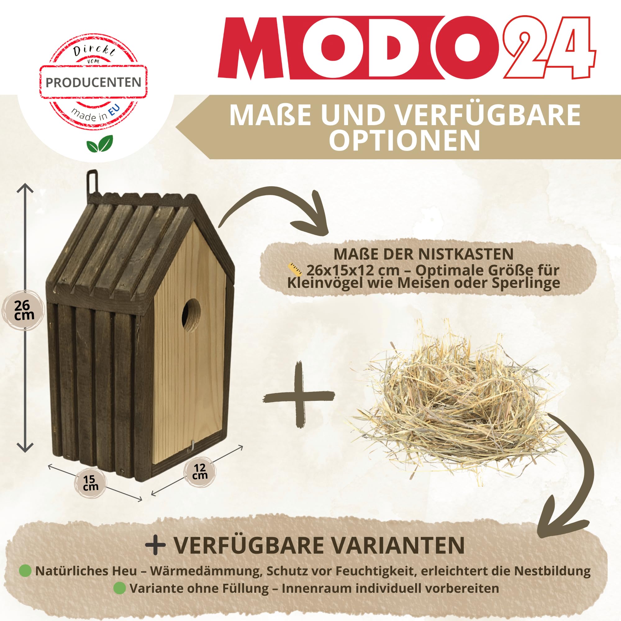 Meisen Nistkasten aus FSC® Holz mit 2,8 cm Einflugloch und mit Heu, Vogelhaus Blaumeisen & Kleinvögel, Brutkasten mit Reinigungsklappe, Futterhaken für Garten, Balkon, 26×15×12 cm, Schwarz