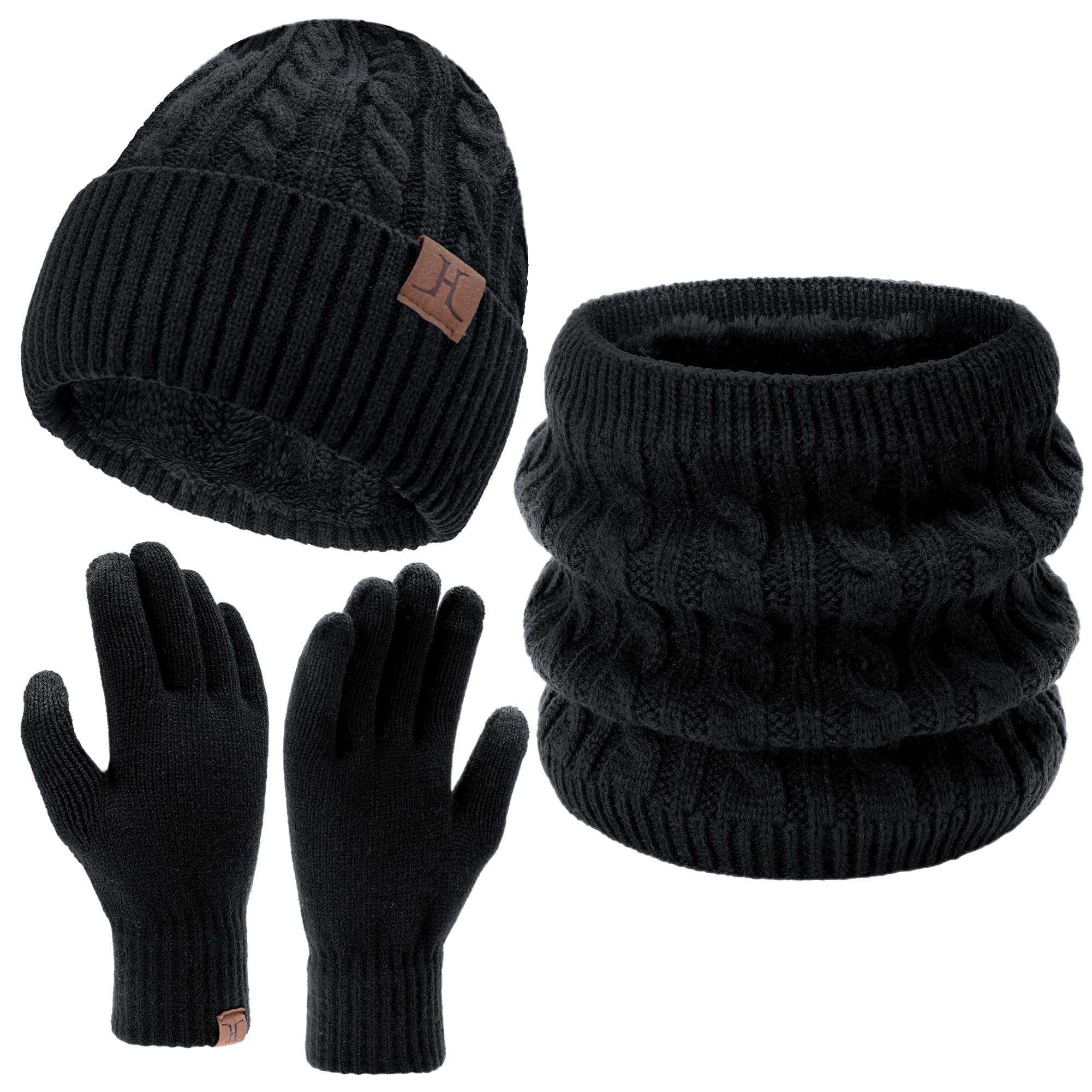Bequemer Laden Męska zimowa czapka beanie, rękawiczki do ekranów dotykowych, szal, zestaw z polarową podszewką, czapka z dzianiny, czapka zimowa, komin, rękawiczki zimowe, czarny, jeden rozmiar