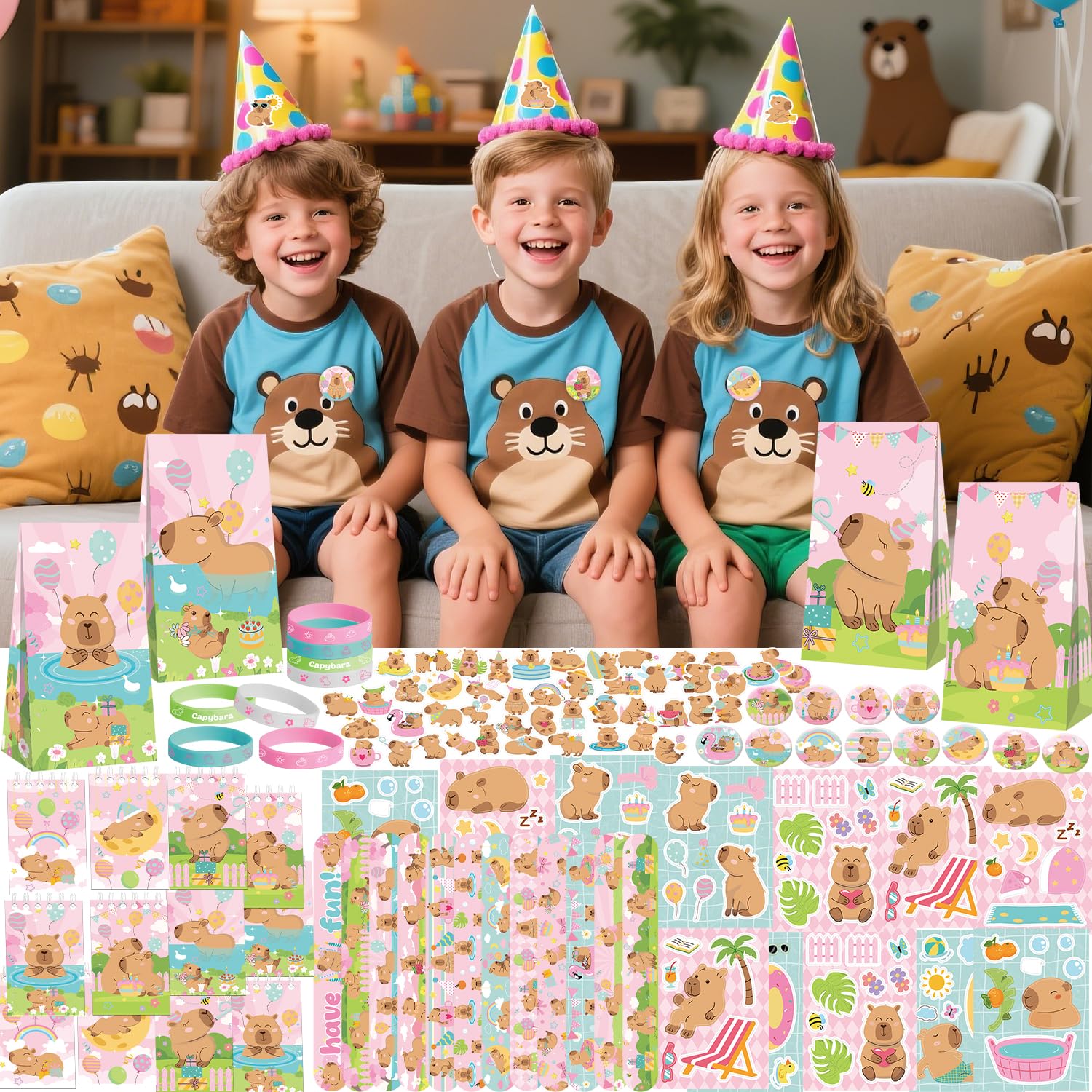 Articoli per feste a tema Capybara rosa, tra cui sacchetti regalo, adesivi, spille e braccialetti per una festa di compleanno a tema Capybara