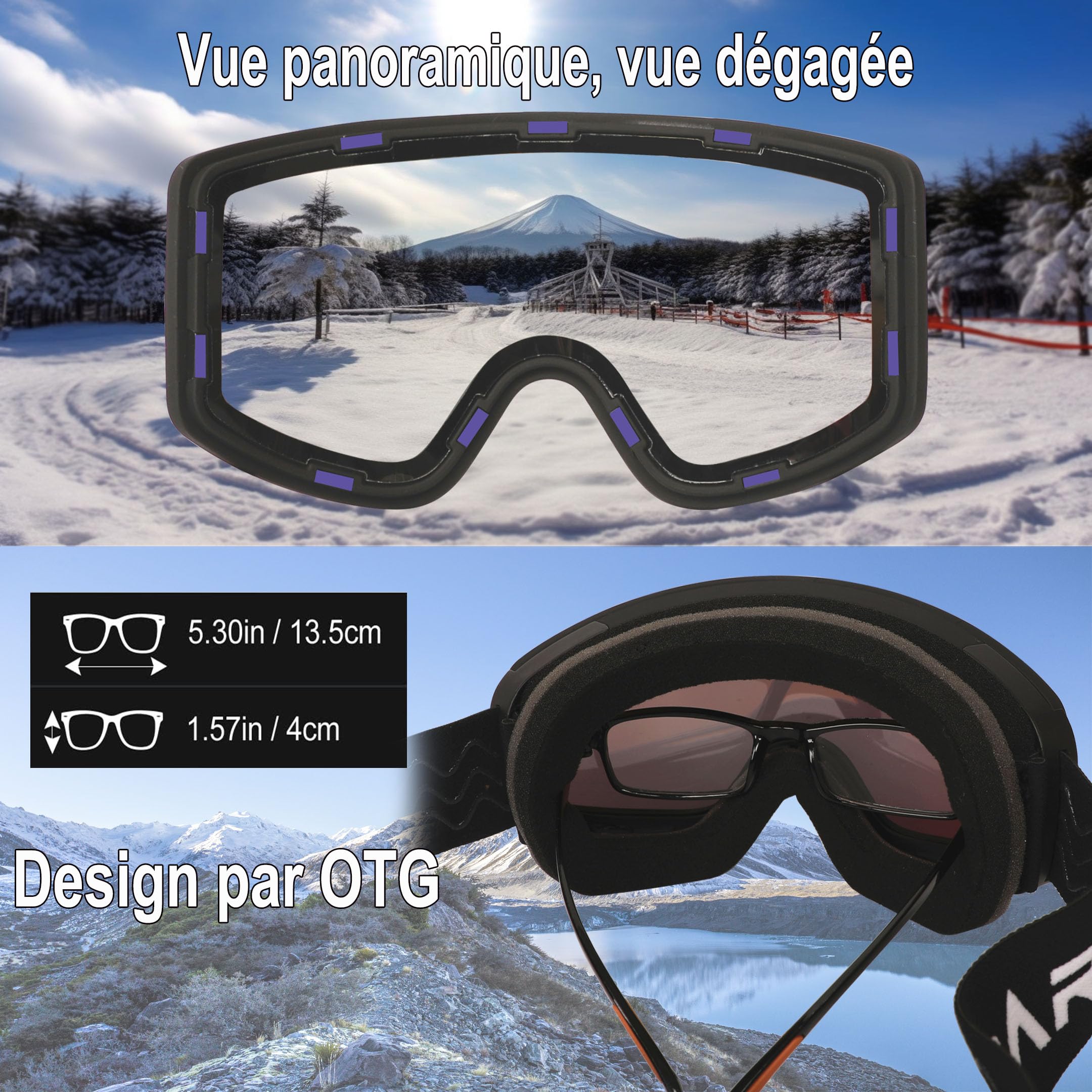 Masque de snowboard OTG, objectif HD magnétique amovible/anti - buée/protection 100% uv400 / lentille cylindrique double couche sans cadre
