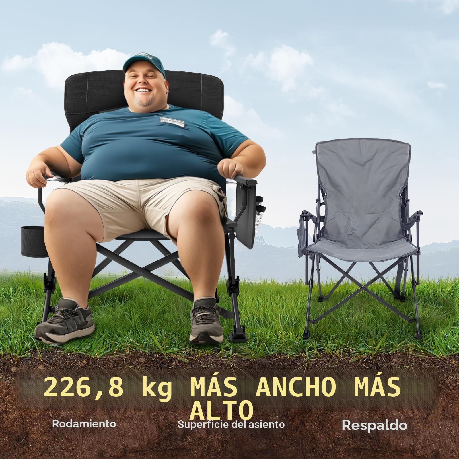 EVER ADVANCED Silla de Camping Plegable, soporta 230 kg, XL, Soporte Lumbar, Silla Plegable de 62 cm de Ancho con Bolsillo Lateral, Soporte para Bebidas, Silla Plegable de Gran tamaño, Silla de Pesca