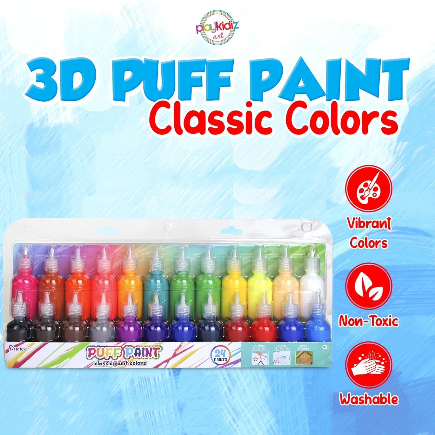 Darice Puff Paint, 24 Pack 3-D Fabric Paint, Classic Colors, Permanent Non-toxic Paint Set for Kids, Ages 3+