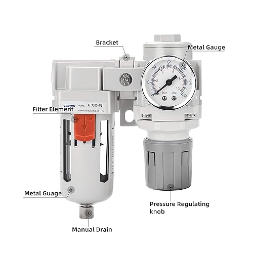 Miniatura 7 de NANPU Regulador de filtro de aire comprimido NPT de 12 pulgada combinado Piggyback, elemento de 5 micrones, cuenco de polietileno, drenaje